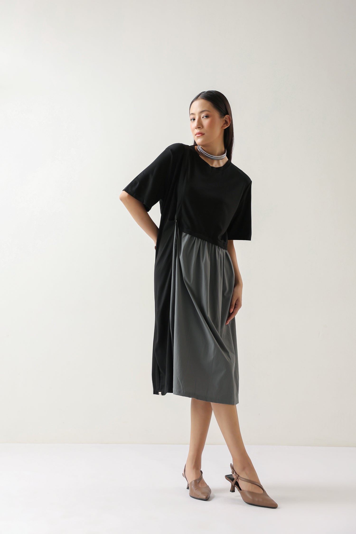 Essential Black and Grey Cotton Knit Midi Dress