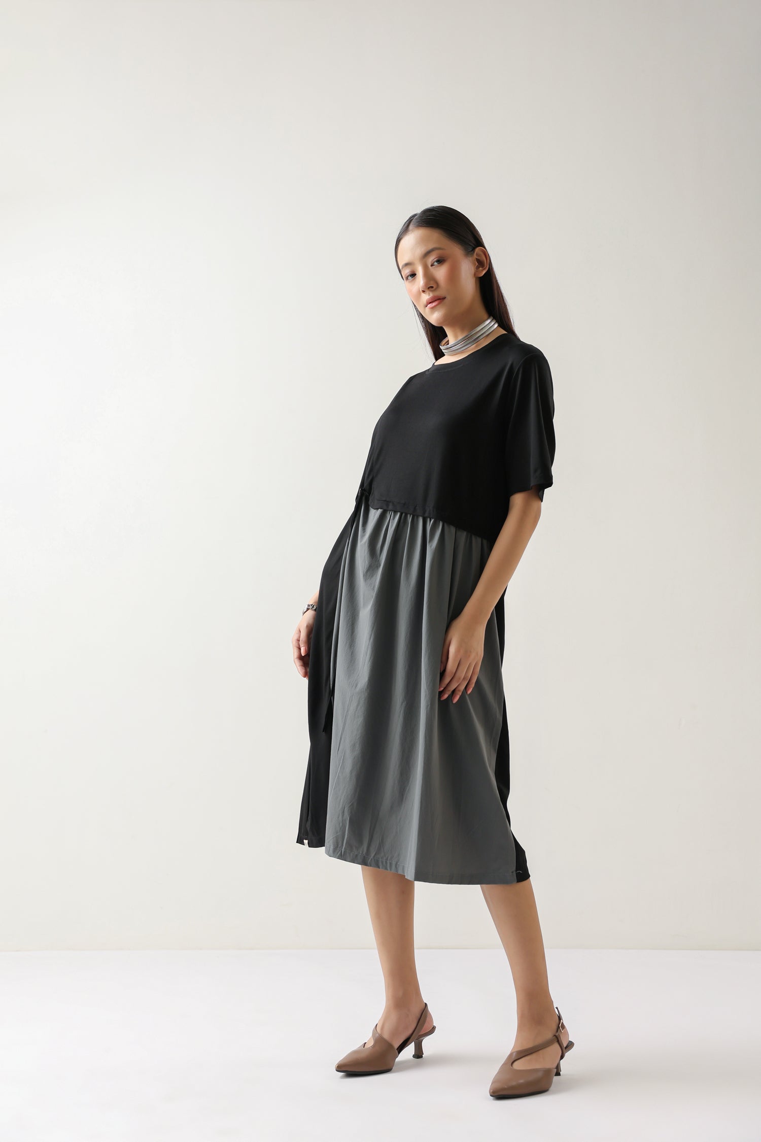 Essential Black and Grey Cotton Knit Midi Dress