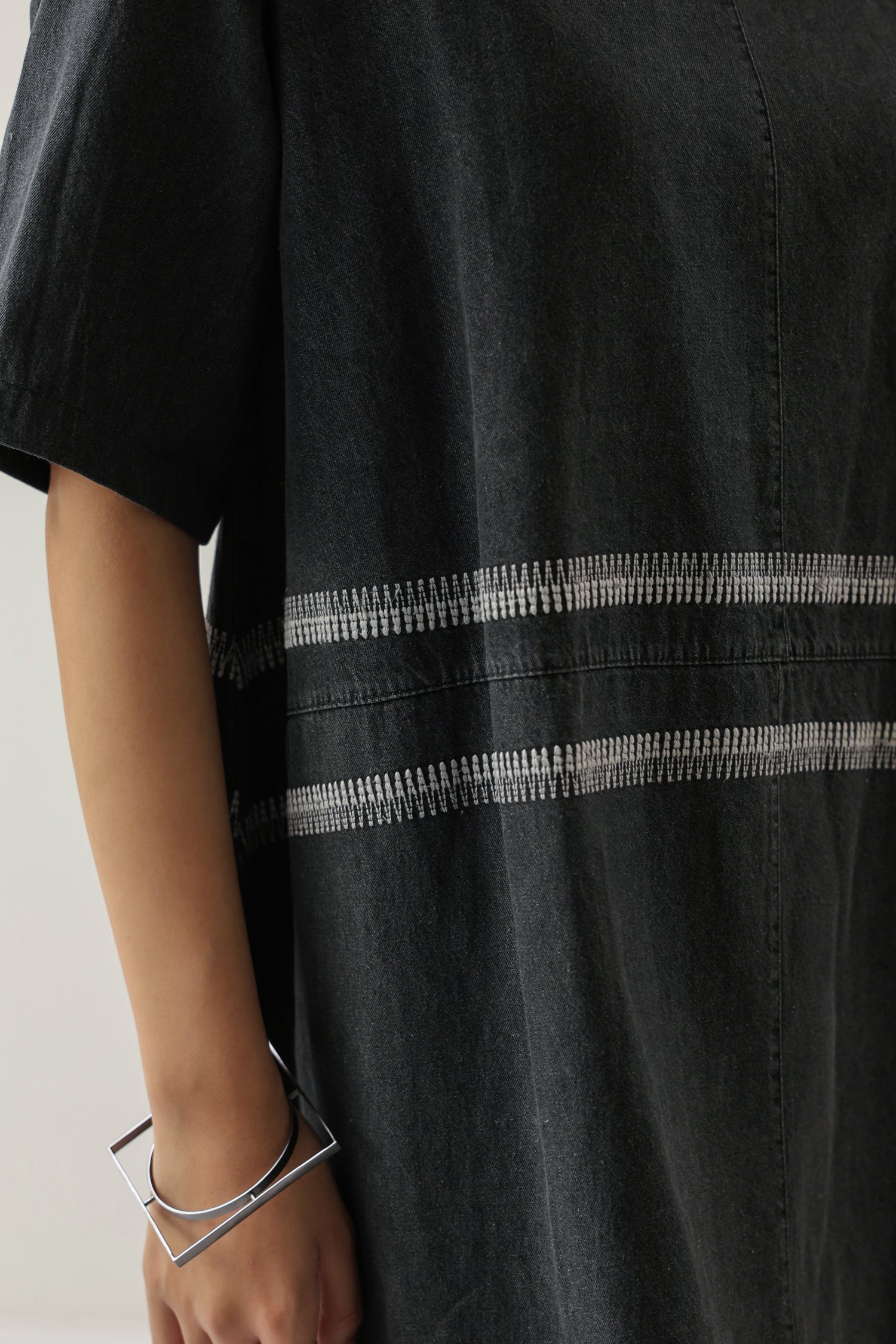 Grey Soft Denim Midi Dress with Embroidery