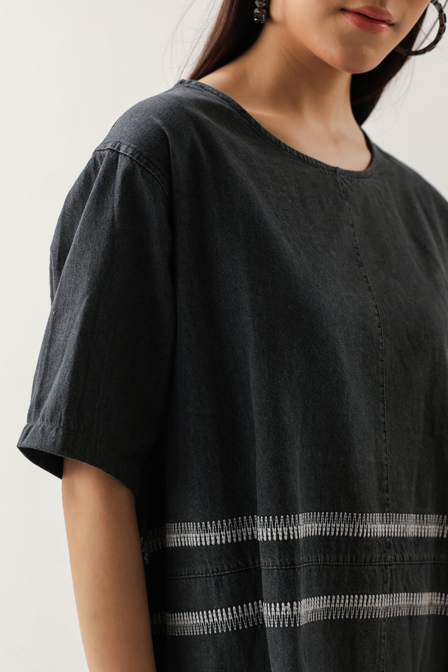 Grey Soft Denim Midi Dress with Embroidery