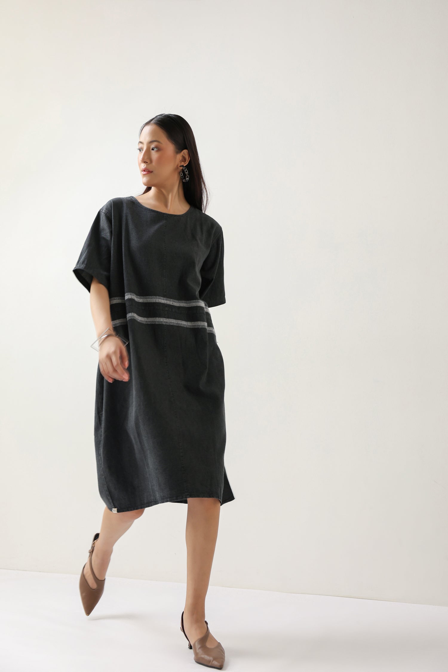 Grey Soft Denim Midi Dress with Embroidery