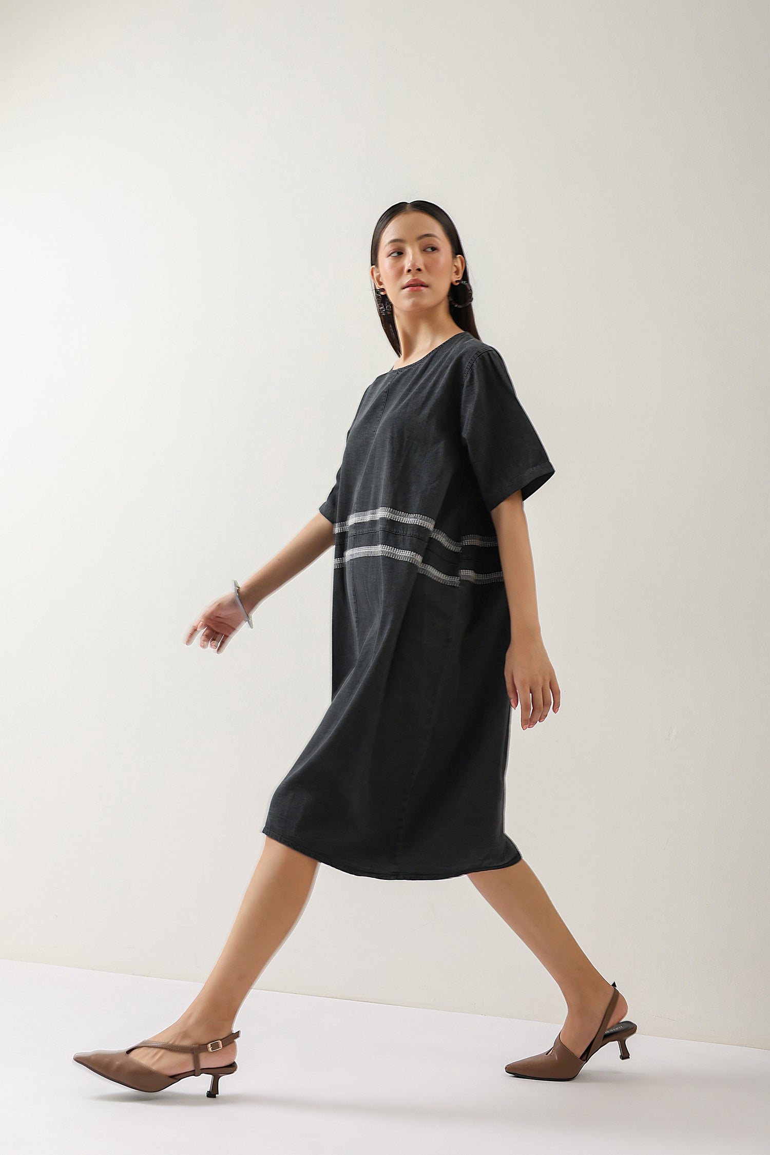 Grey Soft Denim Midi Dress with Embroidery