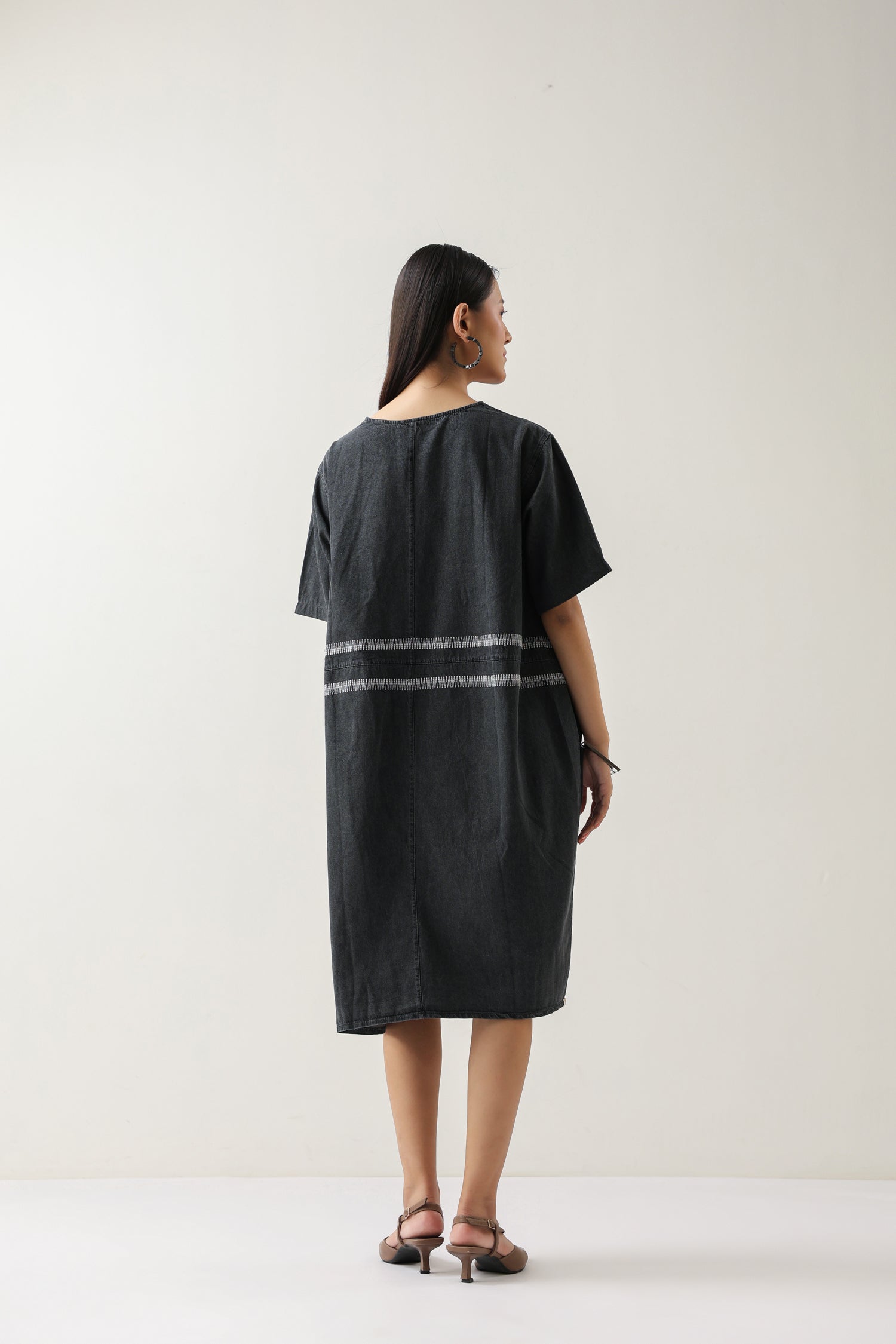 Grey Soft Denim Midi Dress with Embroidery