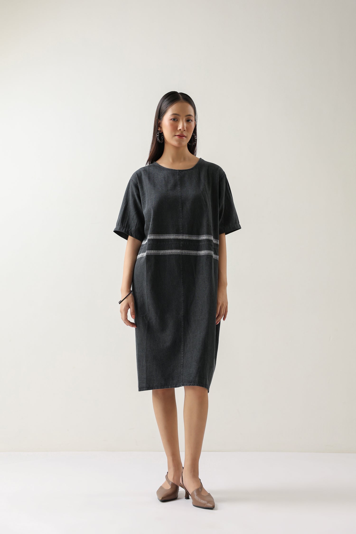 Grey Soft Denim Midi Dress with Embroidery