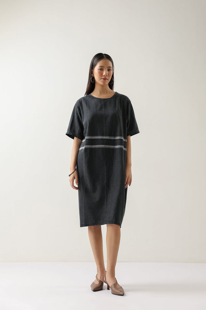 Grey Soft Denim Midi Dress with Embroidery