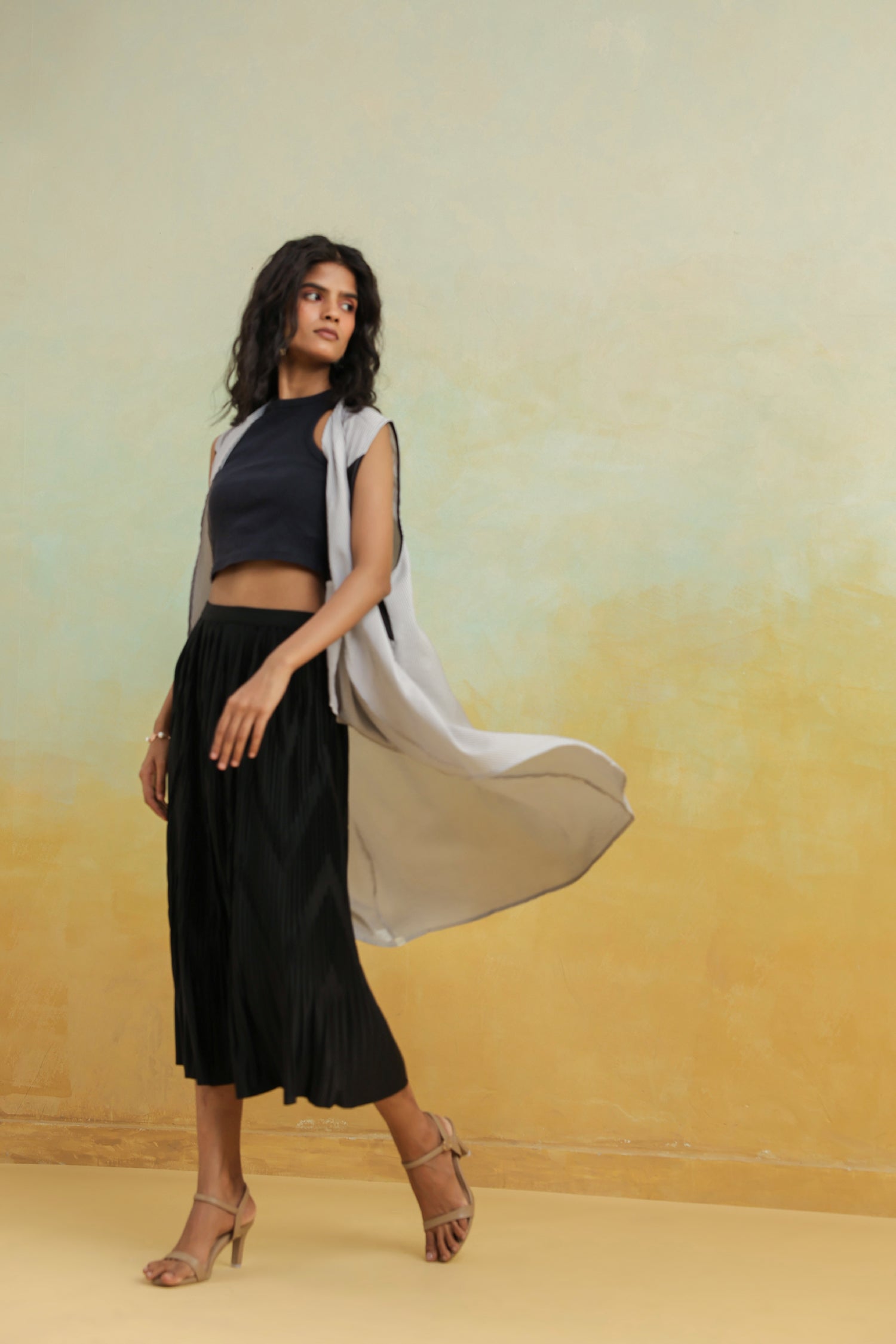 Grey Printed Cotton Shrug with Shawl Collar