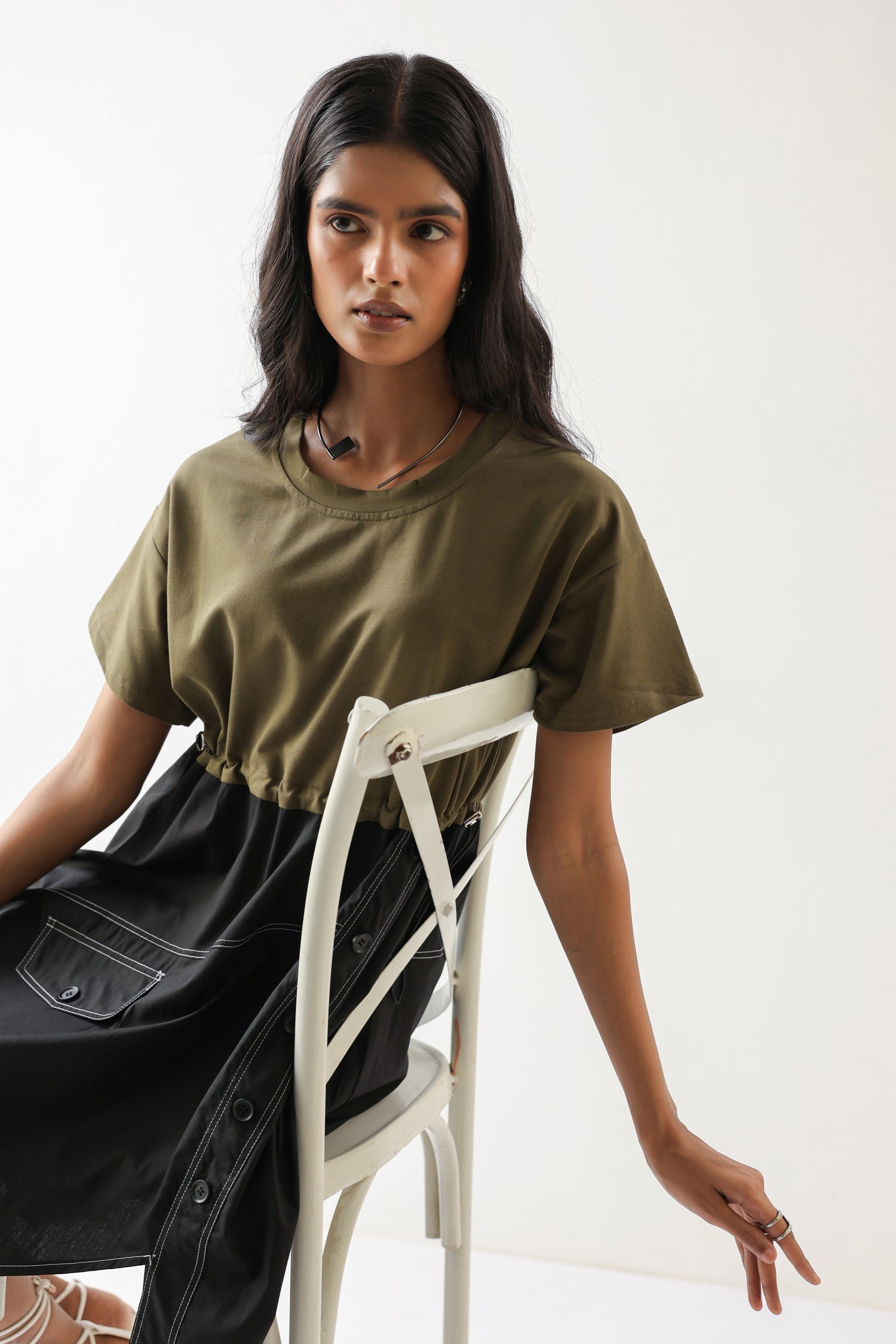 Olive Embroidered Asymmetrical Midi Dress