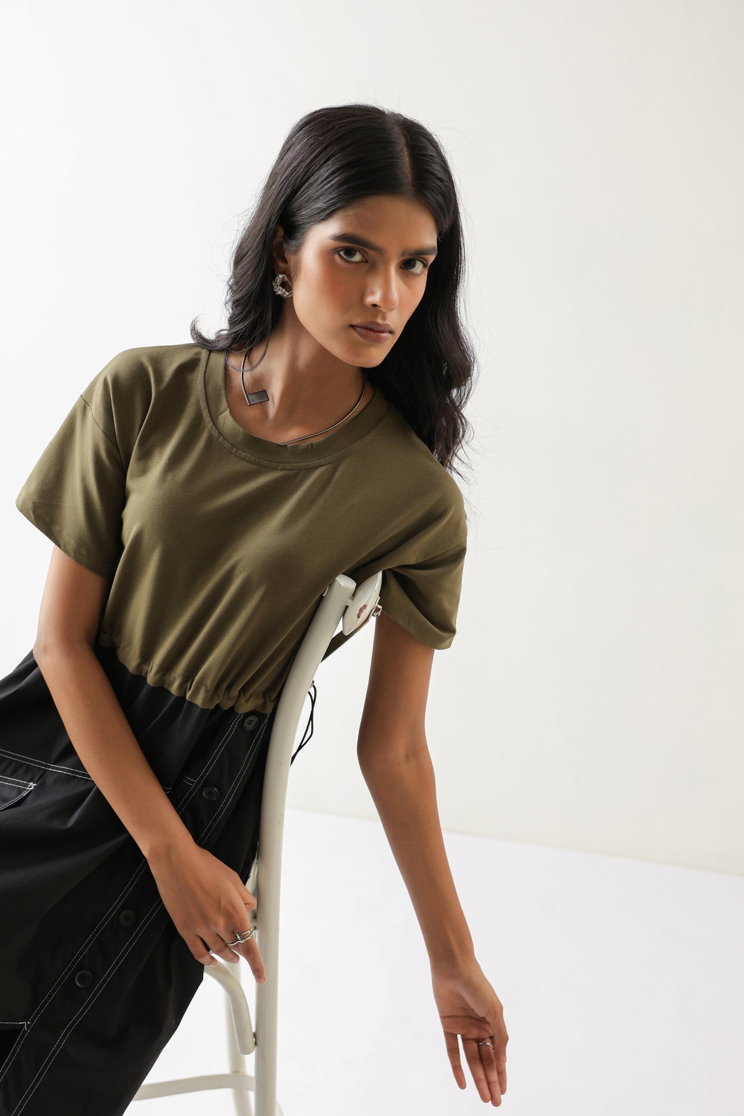 Olive Embroidered Asymmetrical Midi Dress