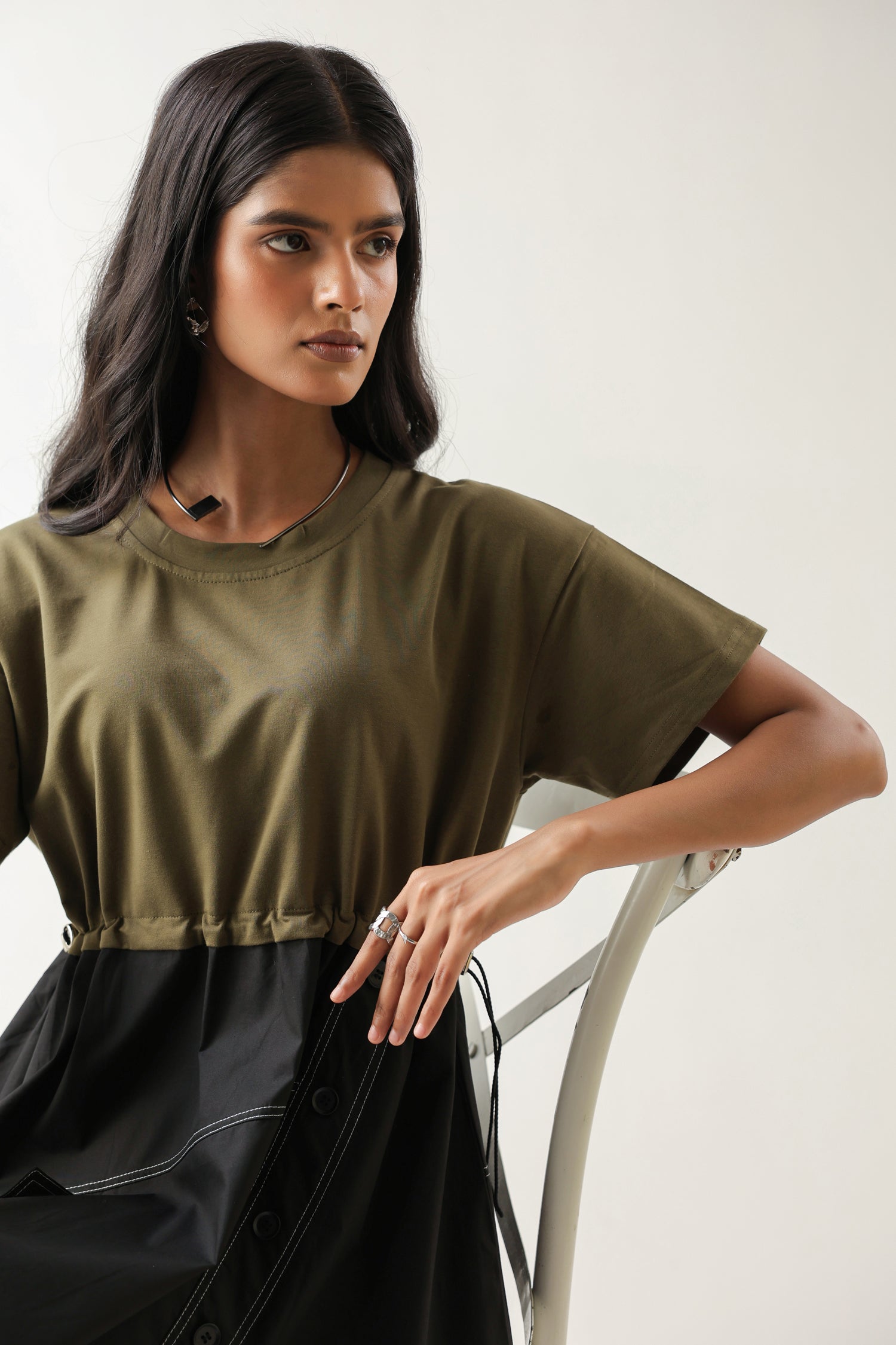 Olive Embroidered Asymmetrical Midi Dress