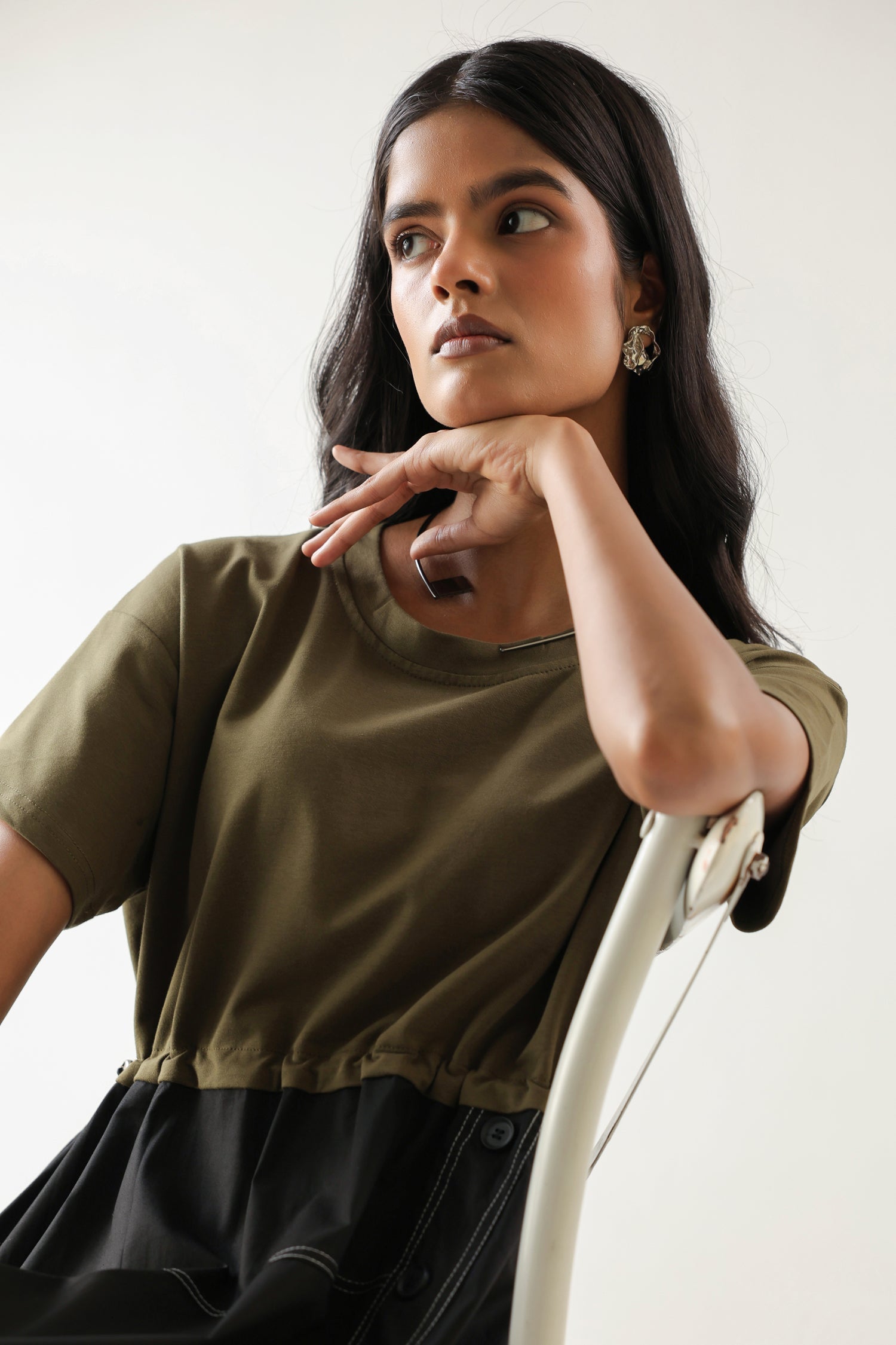 Olive Embroidered Asymmetrical Midi Dress