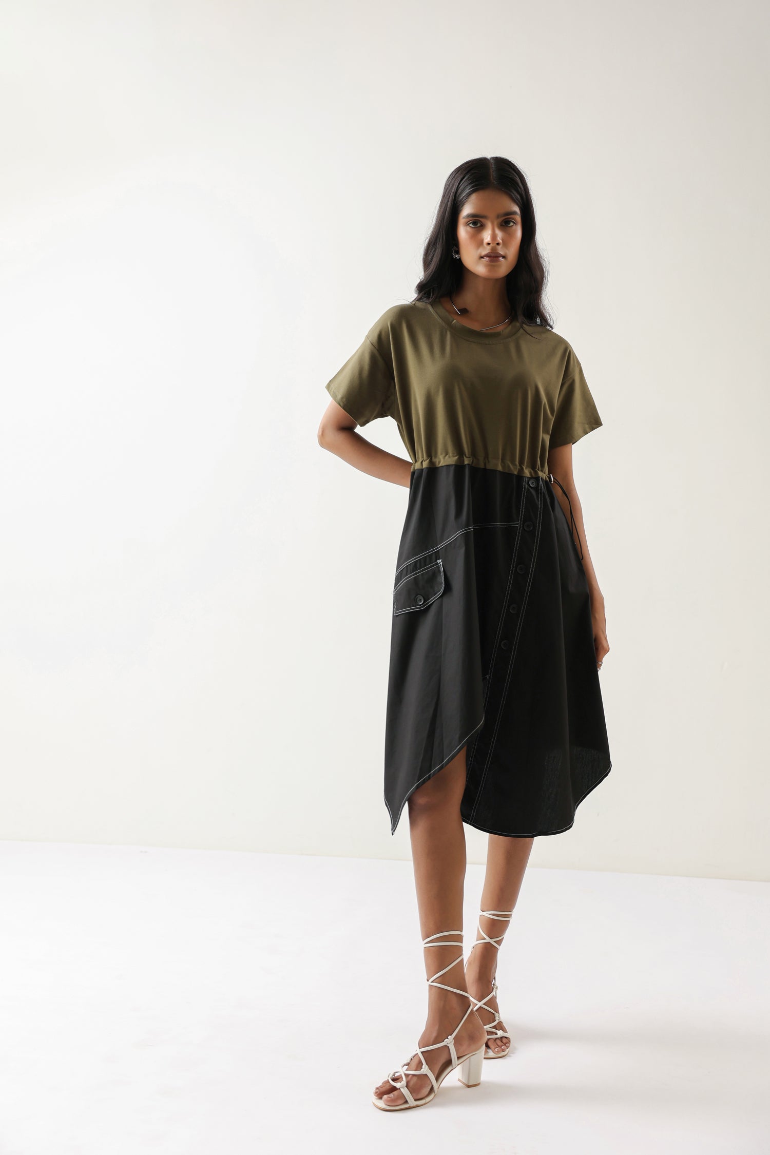 Olive Embroidered Asymmetrical Midi Dress