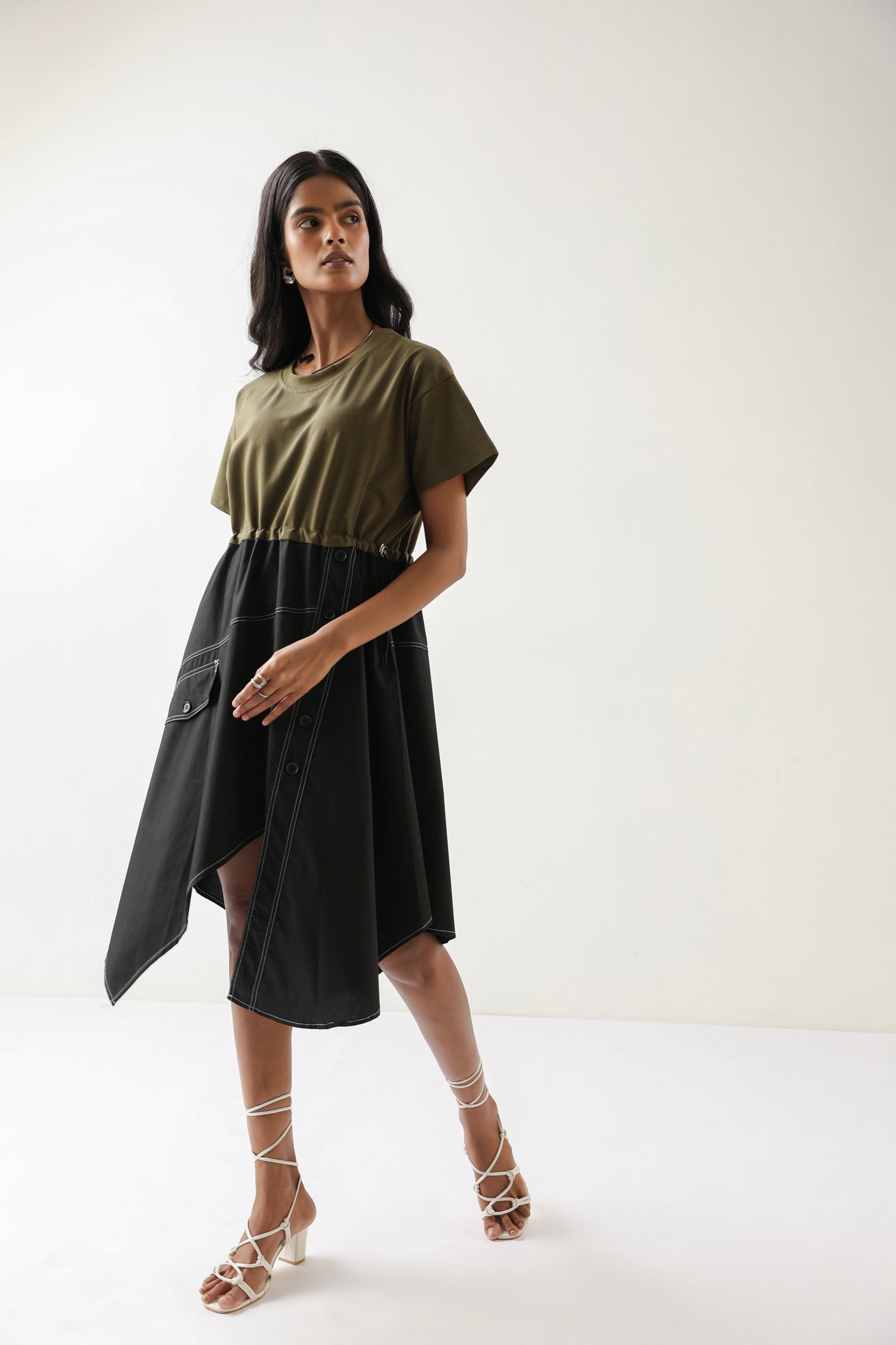 Olive Embroidered Asymmetrical Midi Dress