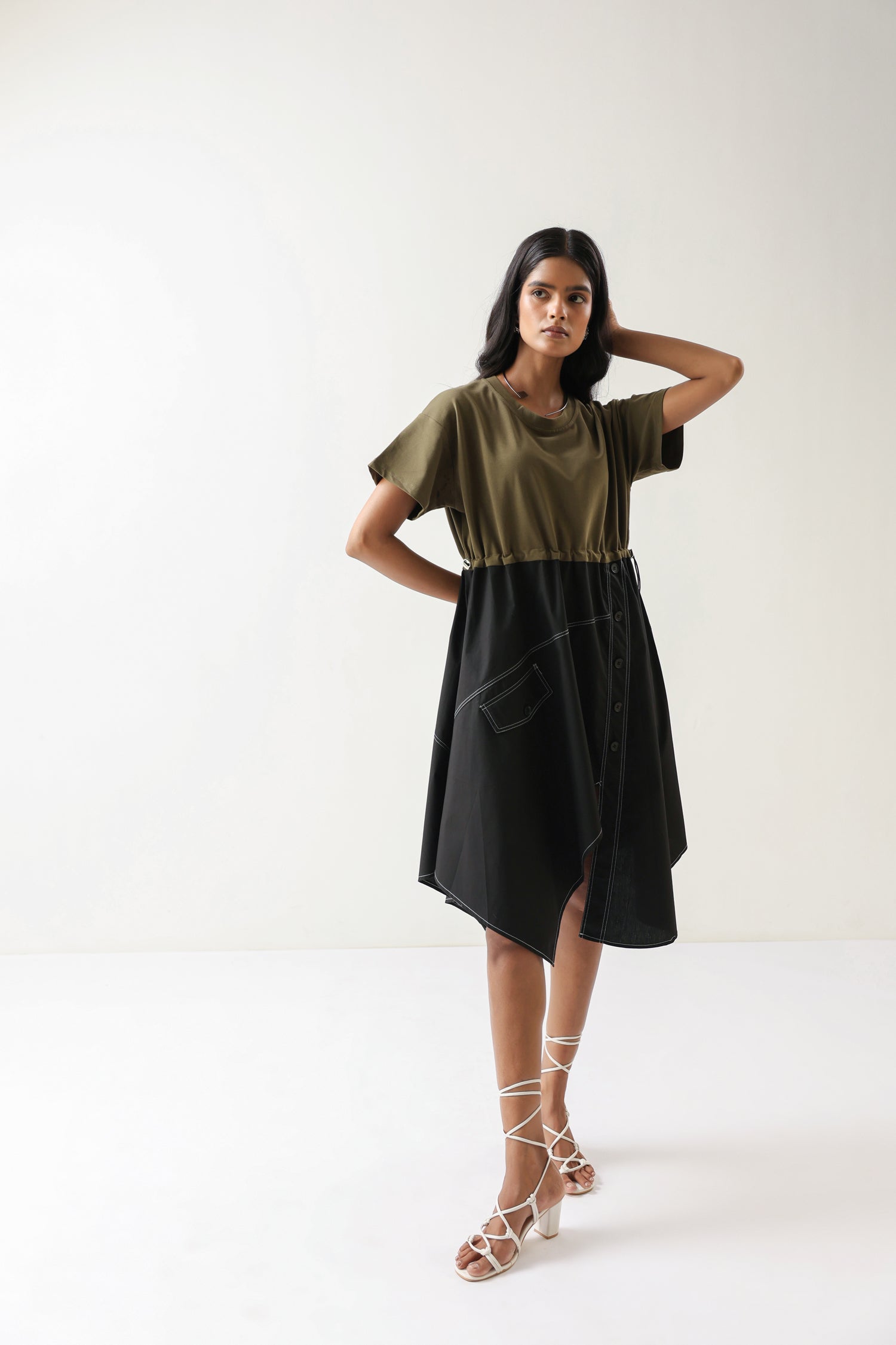 Olive Embroidered Asymmetrical Midi Dress