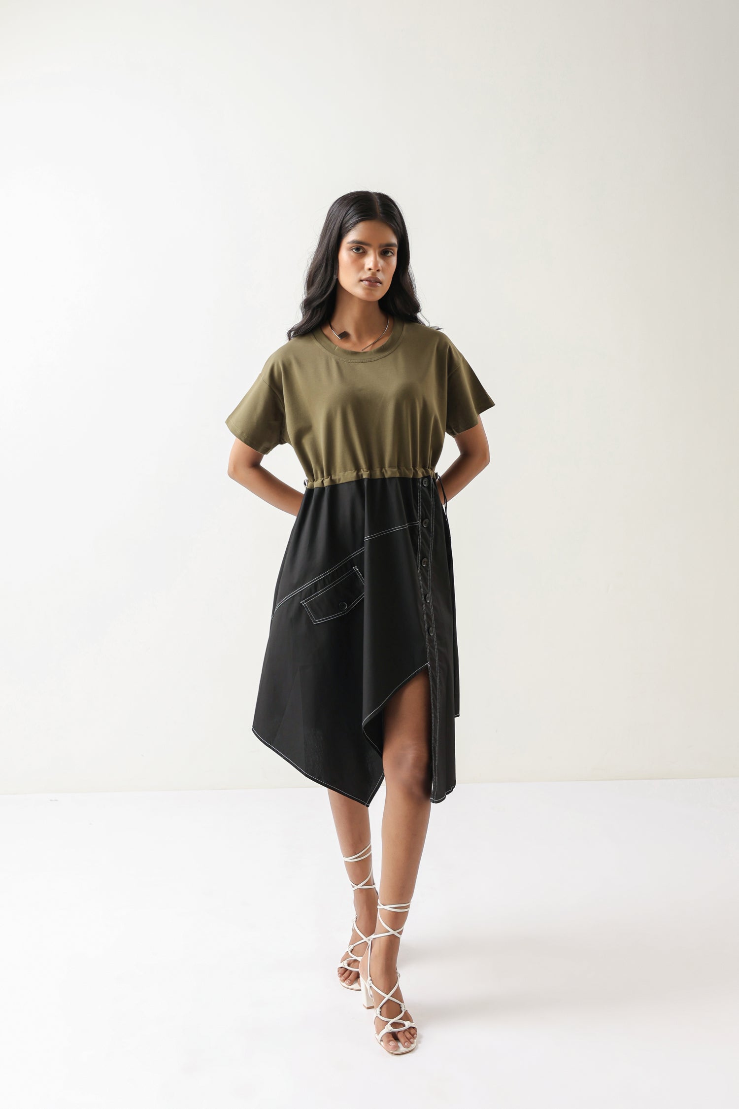 Olive Embroidered Asymmetrical Midi Dress