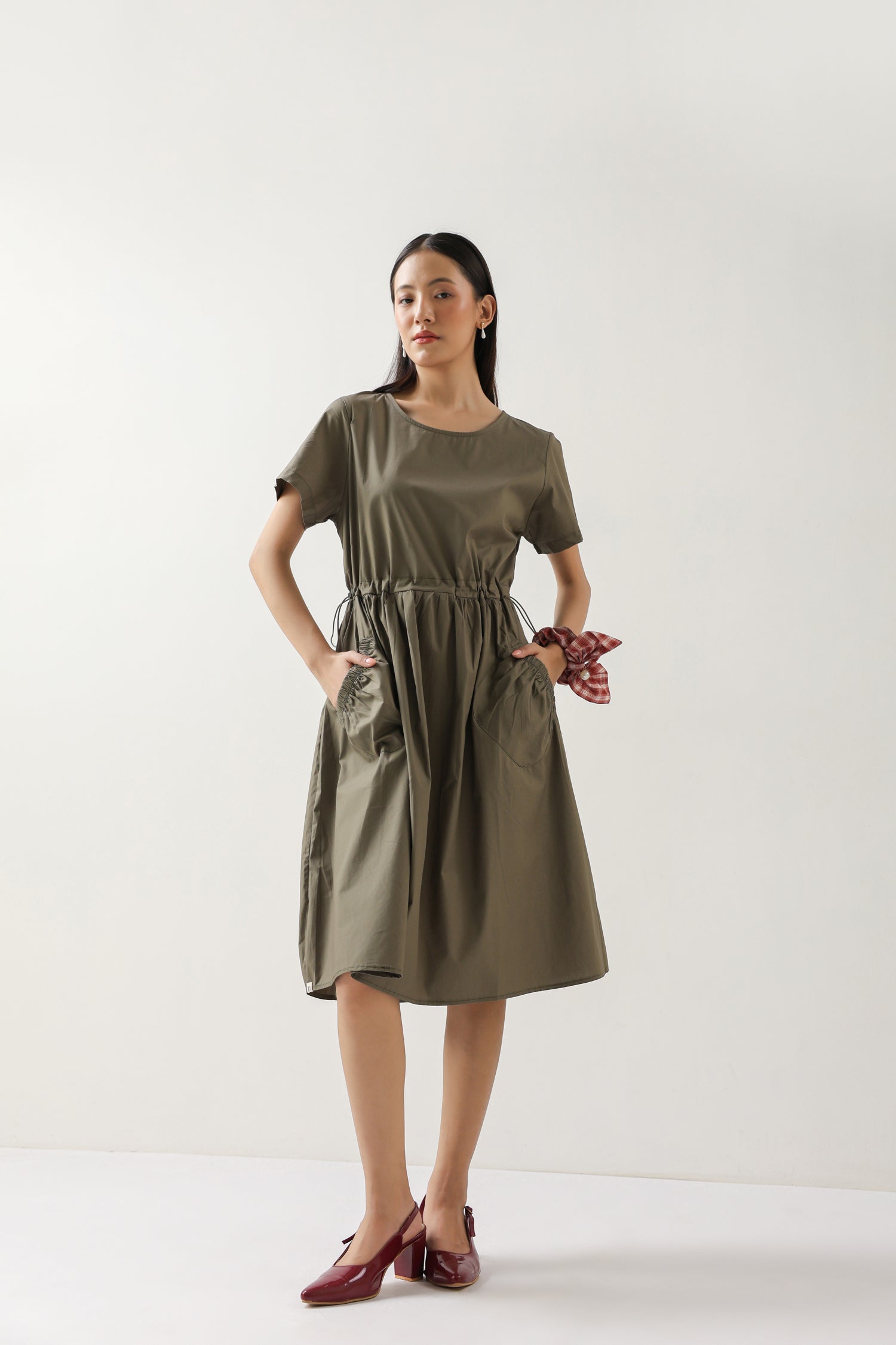 Olive Green Cotton Midi Dress with Pockets