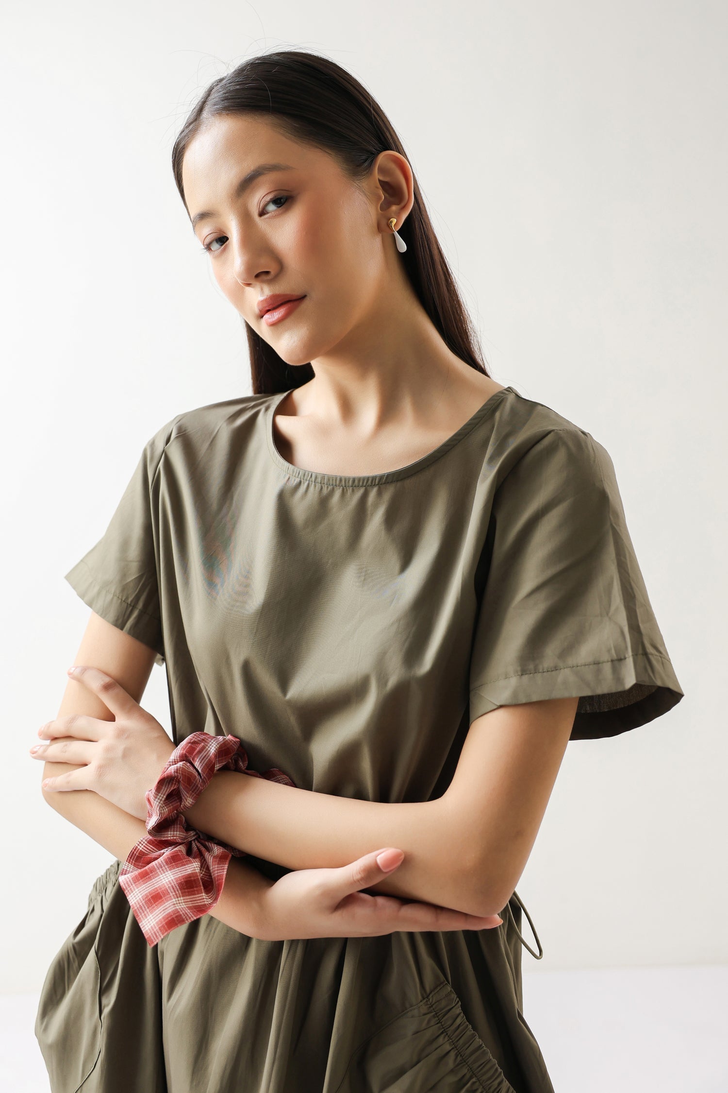 Olive Green Cotton Midi Dress with Pockets