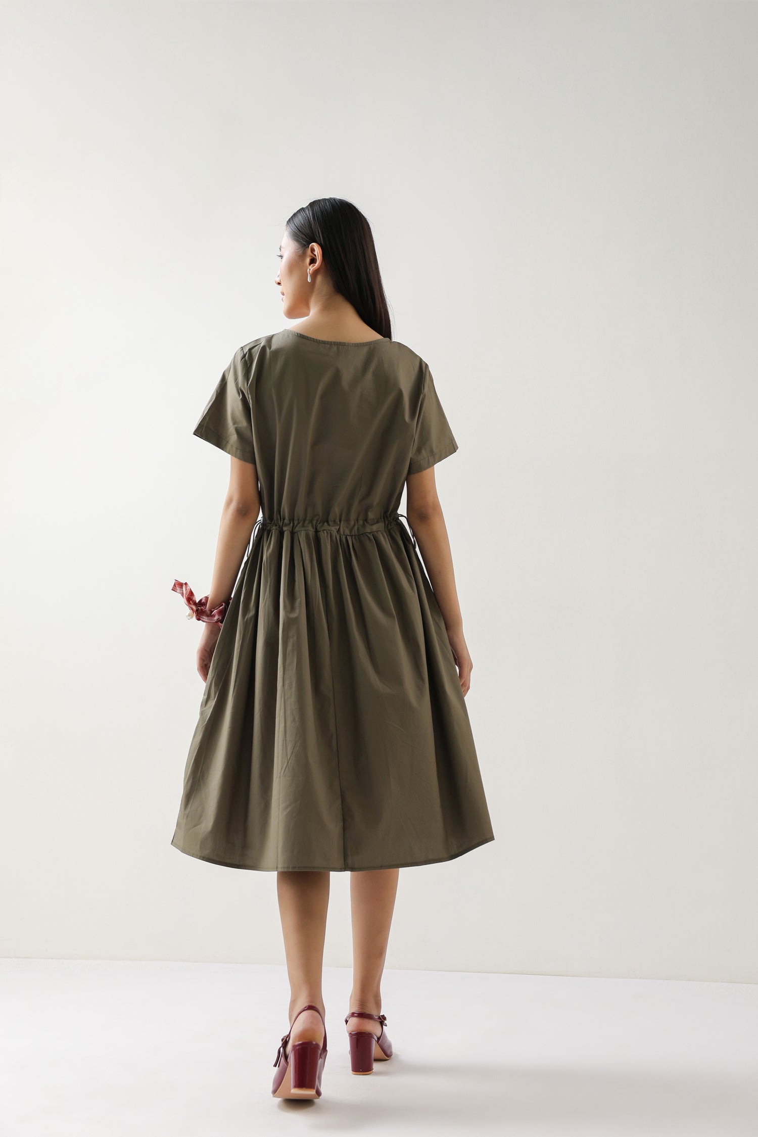 Olive Green Cotton Midi Dress with Pockets