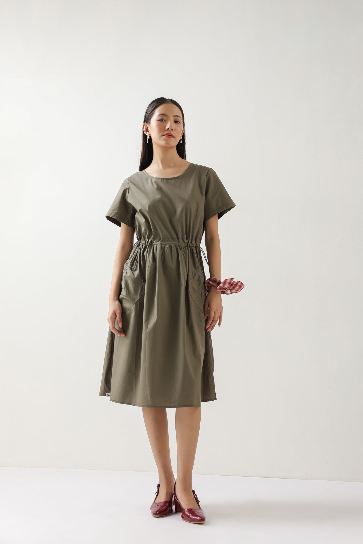 Olive Green Cotton Midi Dress with Pockets