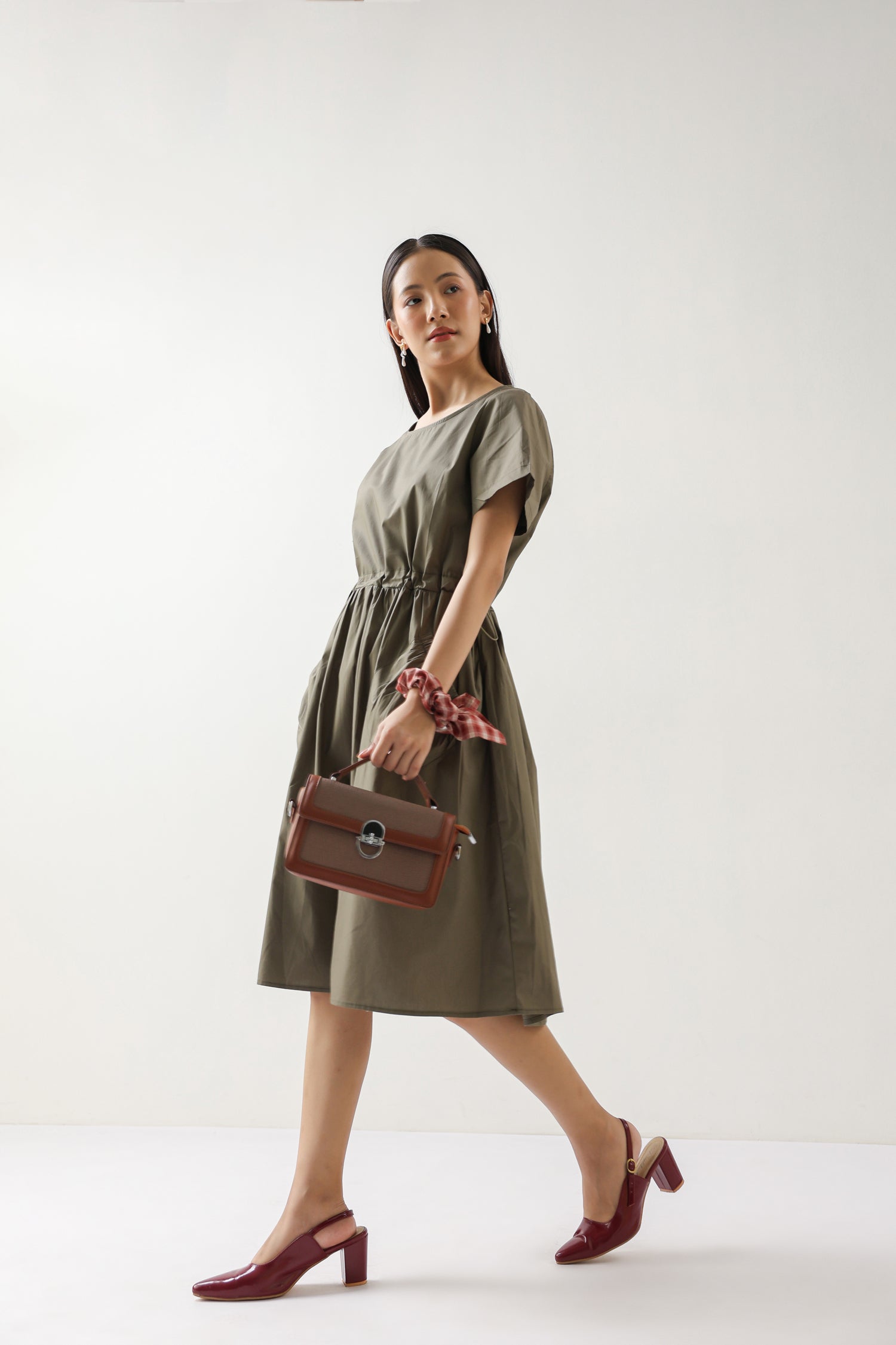 Olive Green Cotton Midi Dress with Pockets