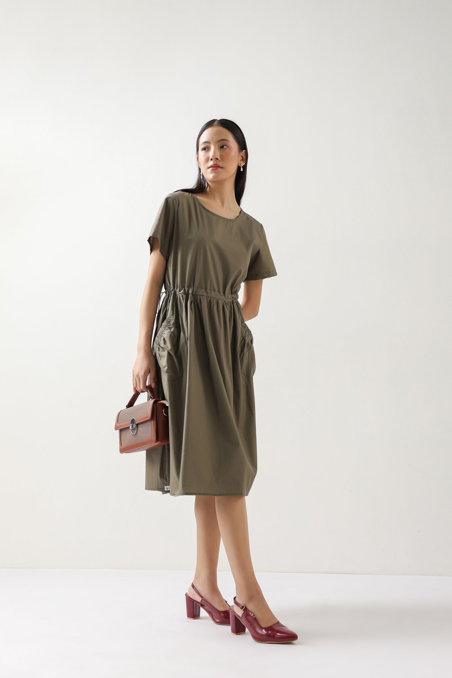 Olive Green Cotton Midi Dress with Pockets