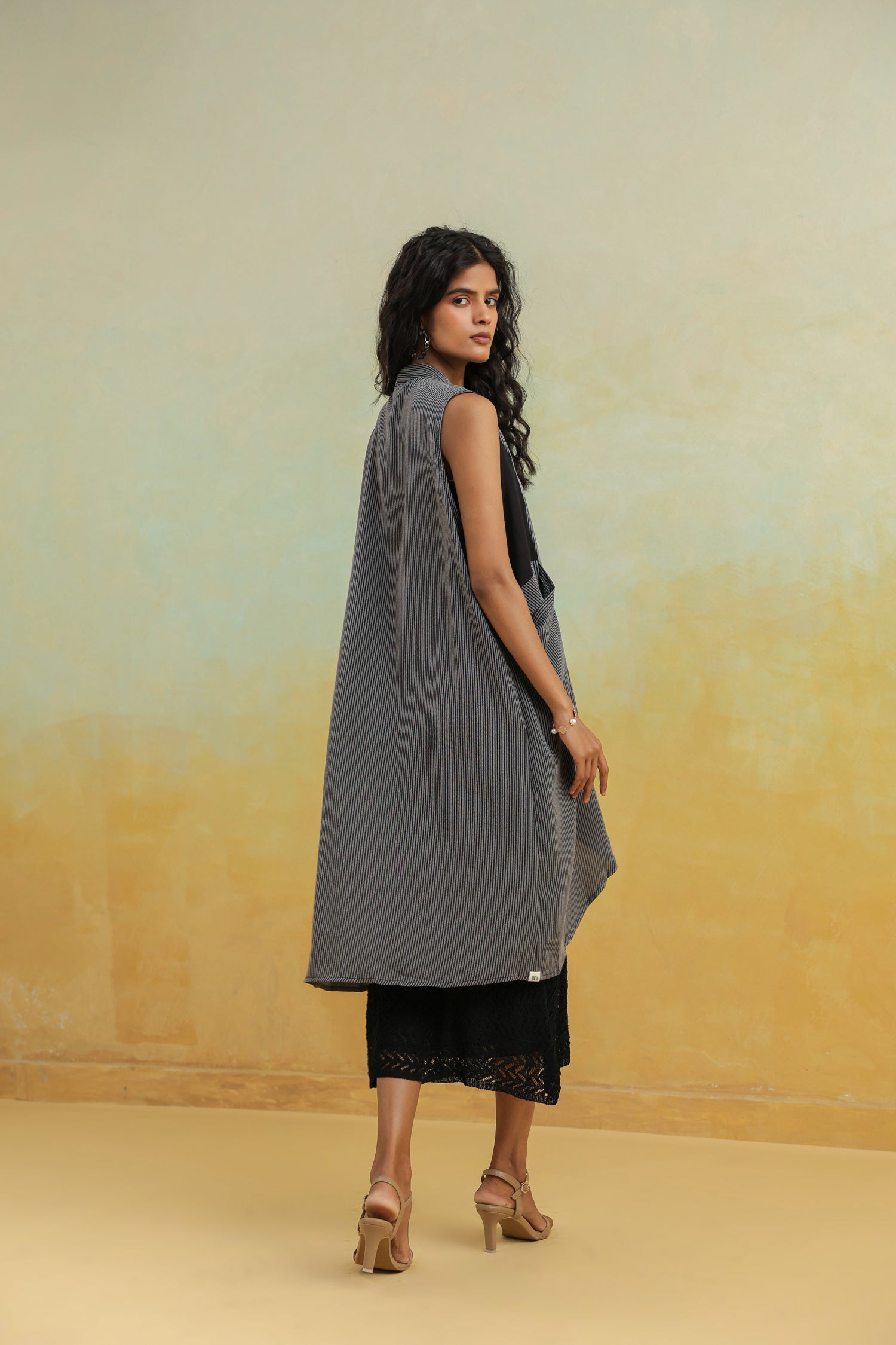 Black Printed Cotton Shrug with Shawl Collar