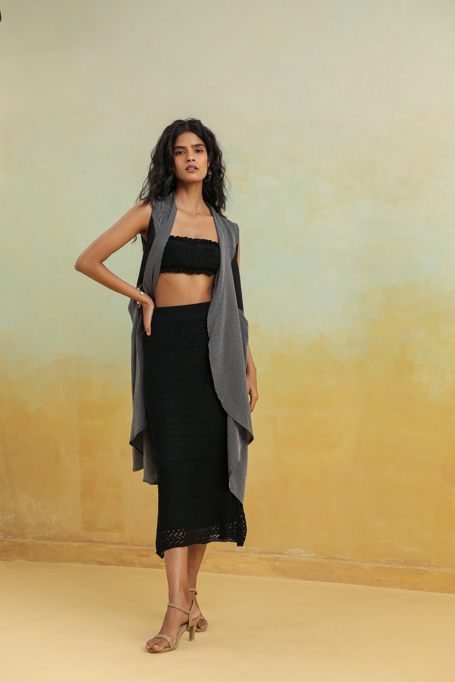 Black Printed Cotton Shrug with Shawl Collar