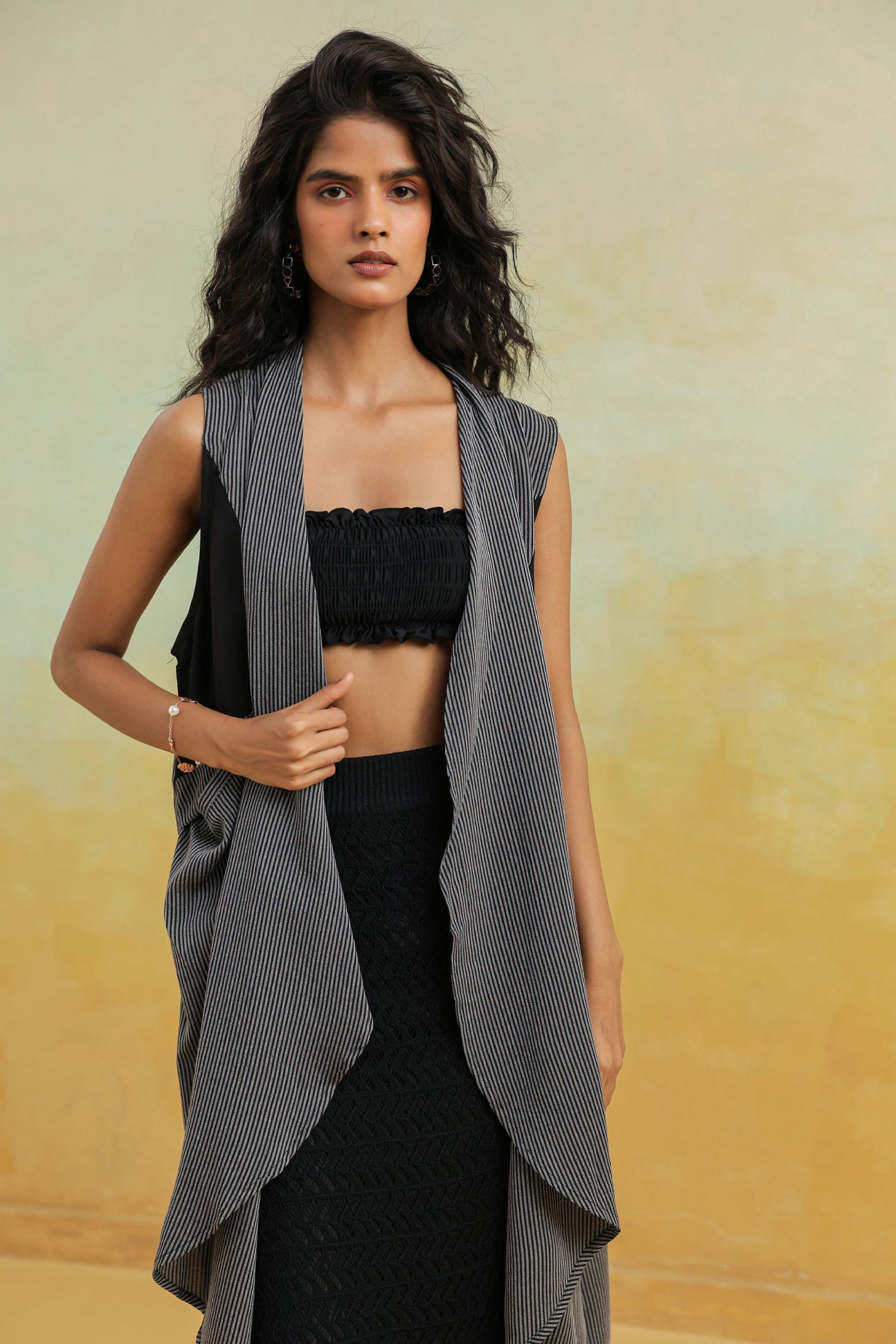 Black Printed Cotton Shrug with Shawl Collar