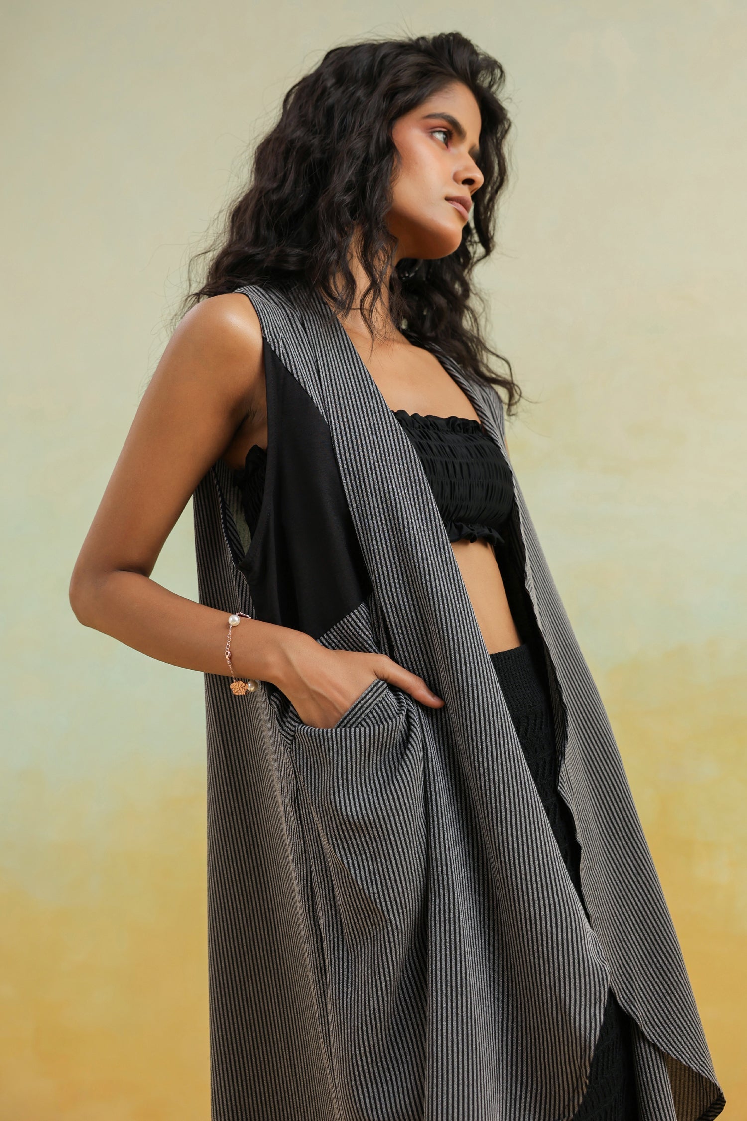 Black Printed Cotton Shrug with Shawl Collar