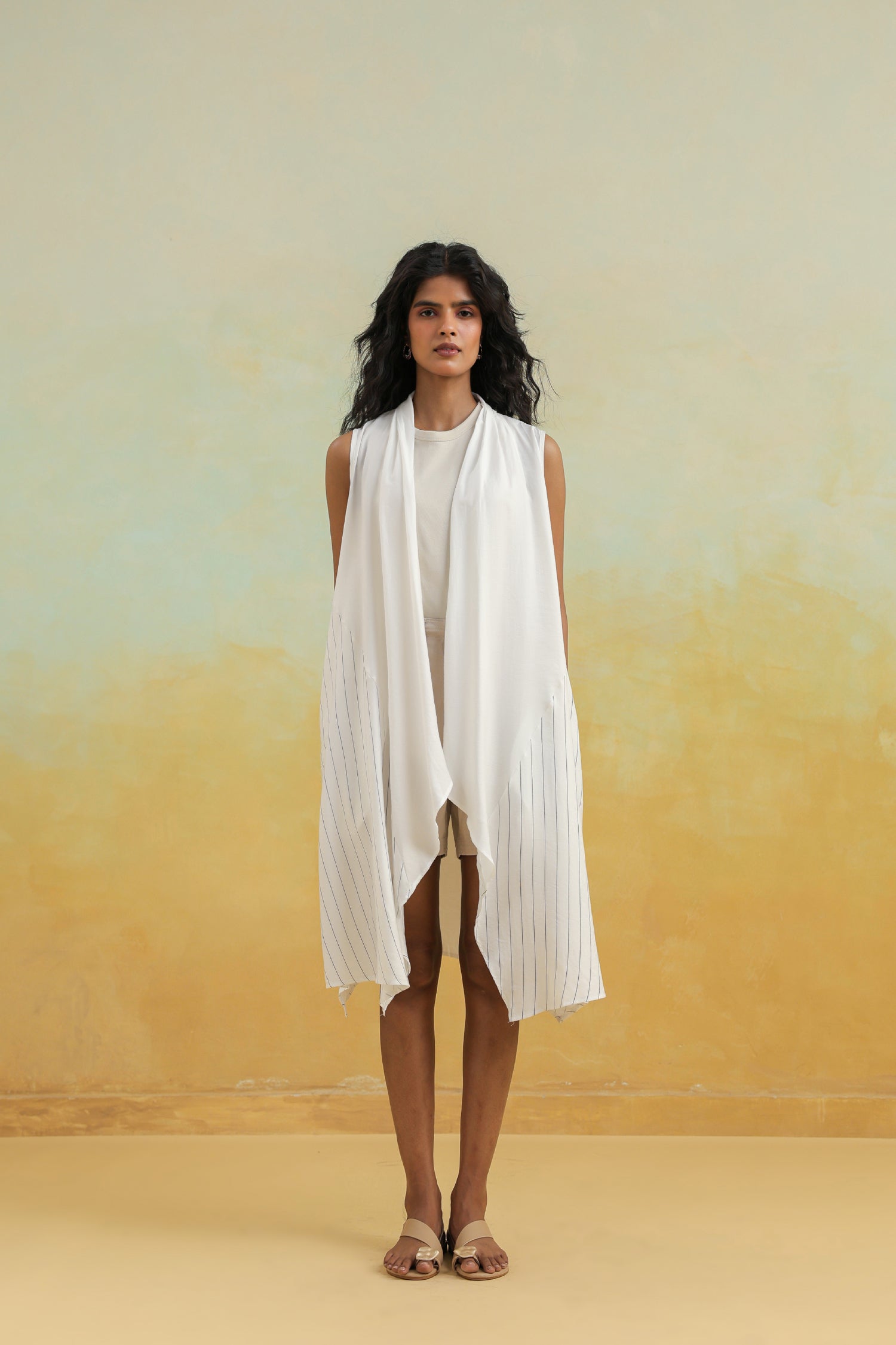 White Solid Cotton Shrug with Shawl Collar