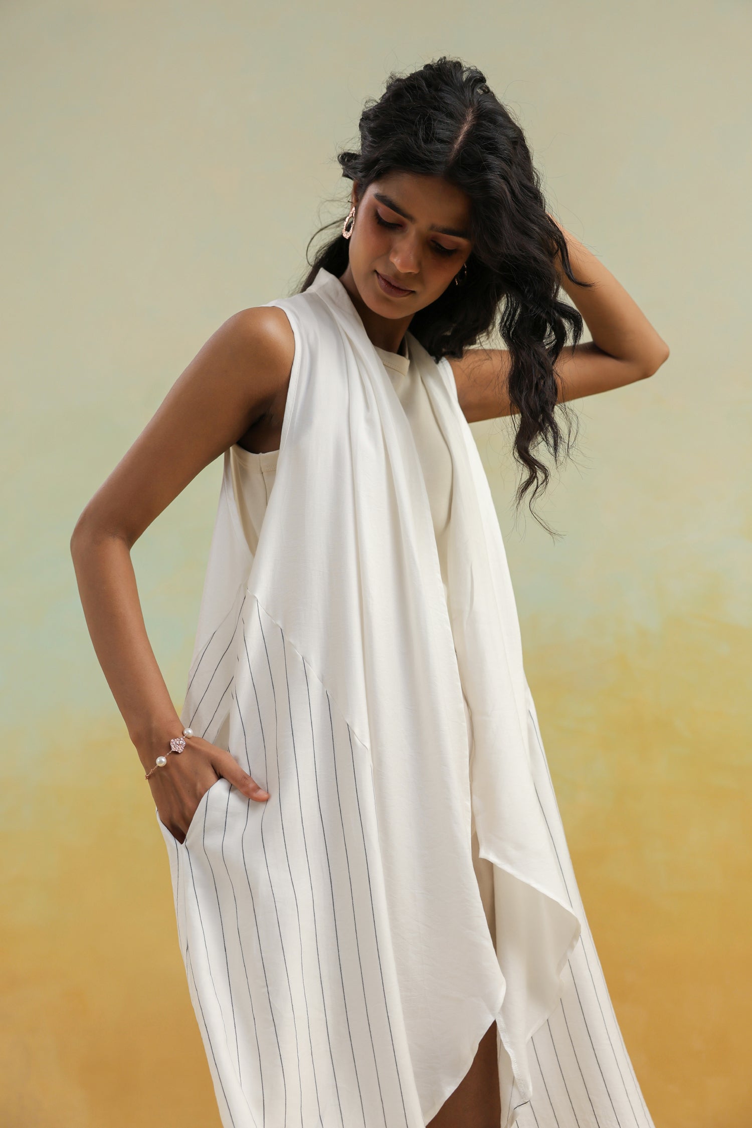 White Solid Cotton Shrug with Shawl Collar