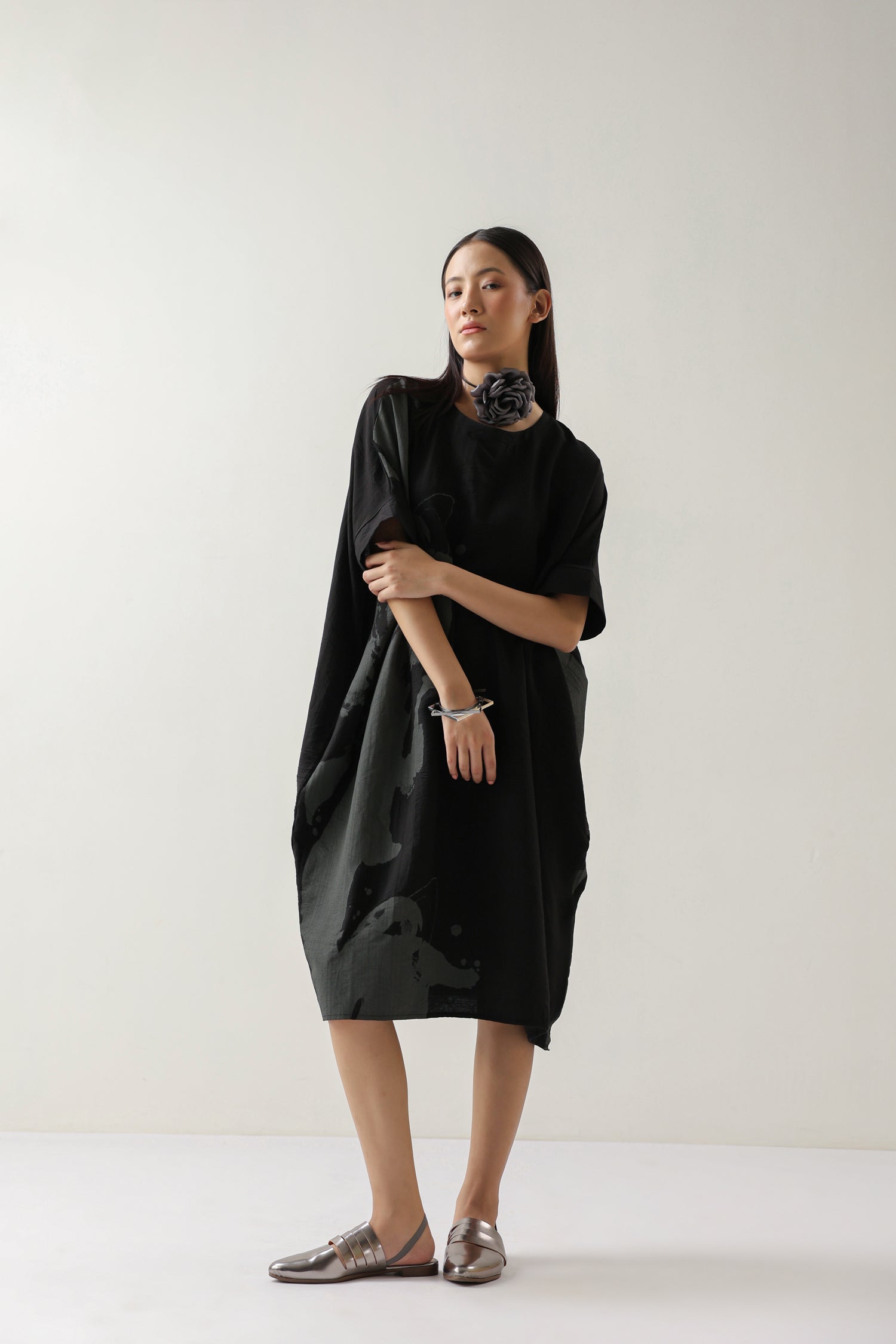 Printed Black and Grey Crepe Midi Dress