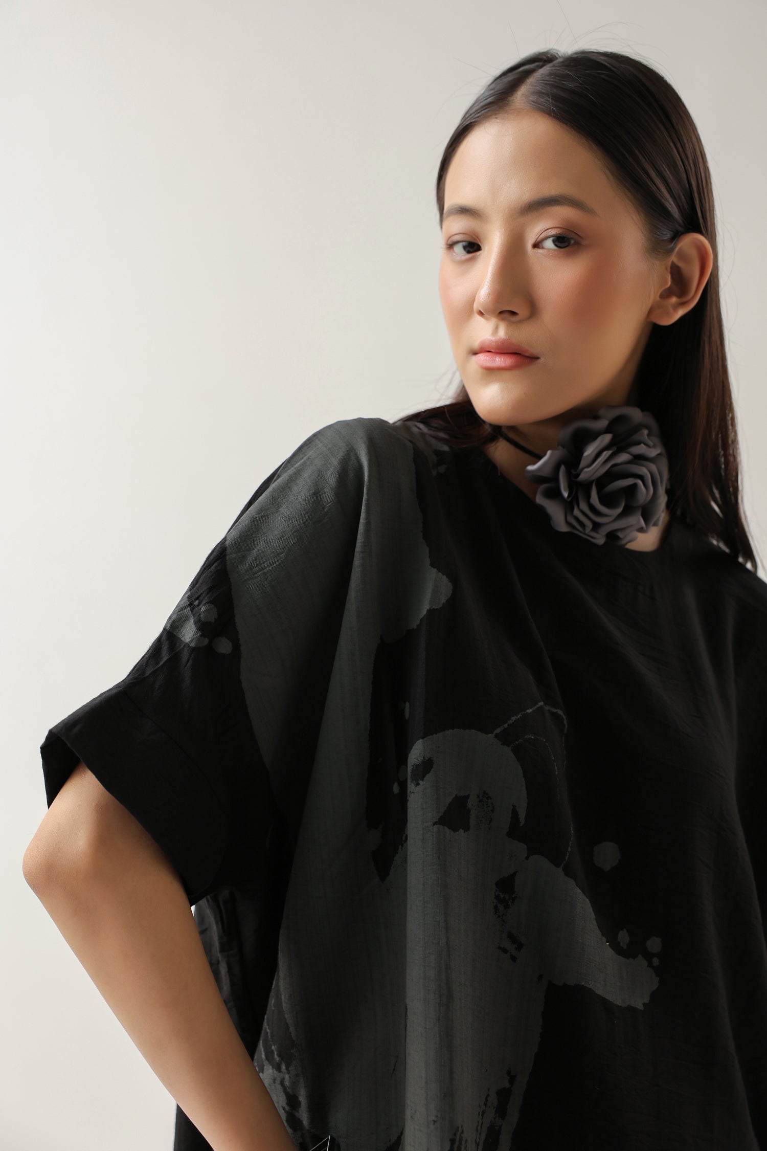 Printed Black and Grey Crepe Midi Dress