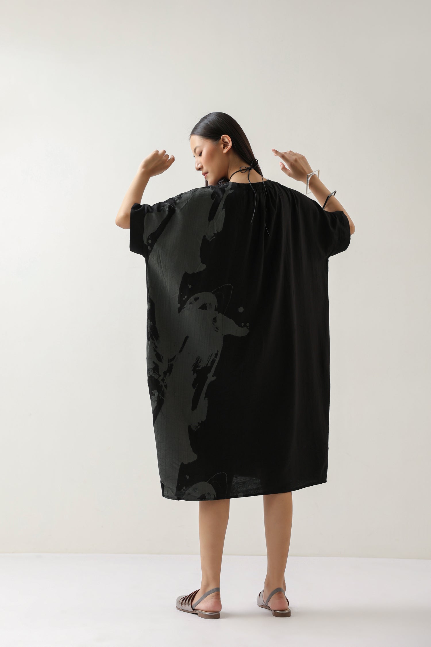 Printed Black and Grey Crepe Midi Dress