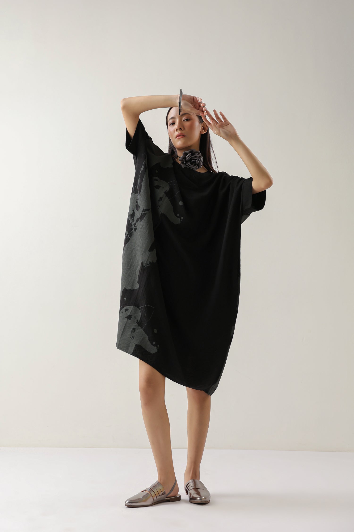 Printed Black and Grey Crepe Midi Dress