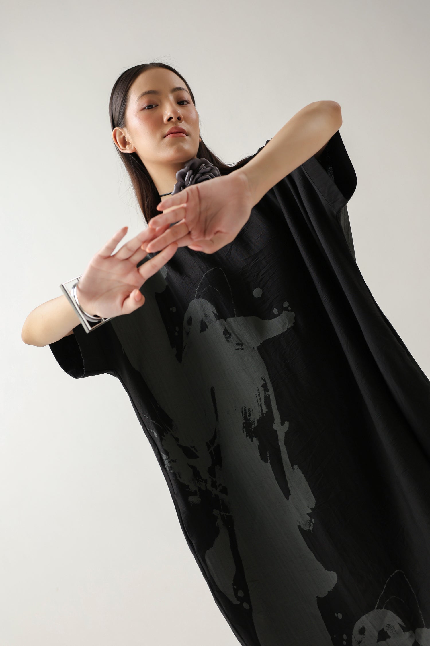 Printed Black and Grey Crepe Midi Dress