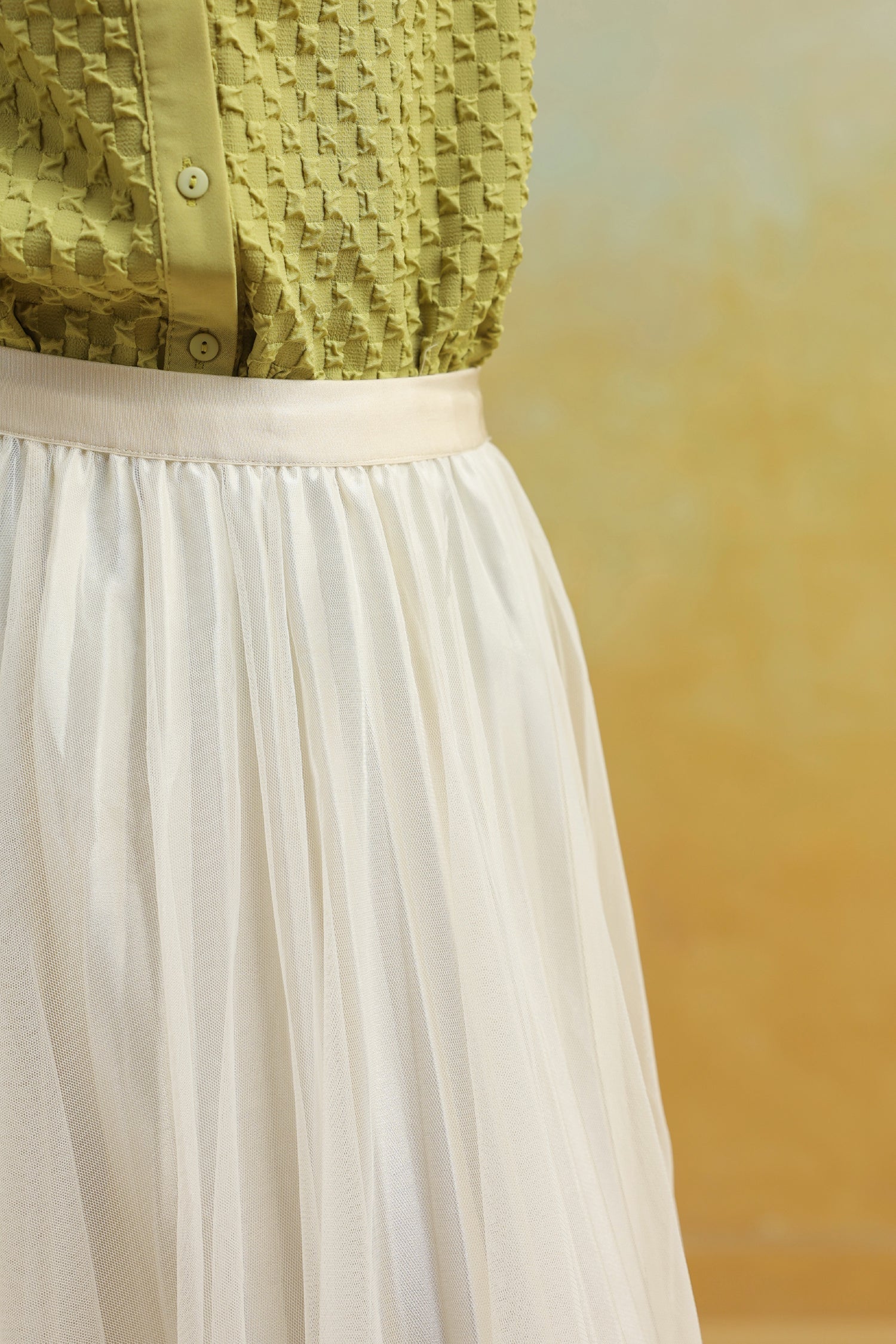 Cream Pleated Net Skirt with Bows
