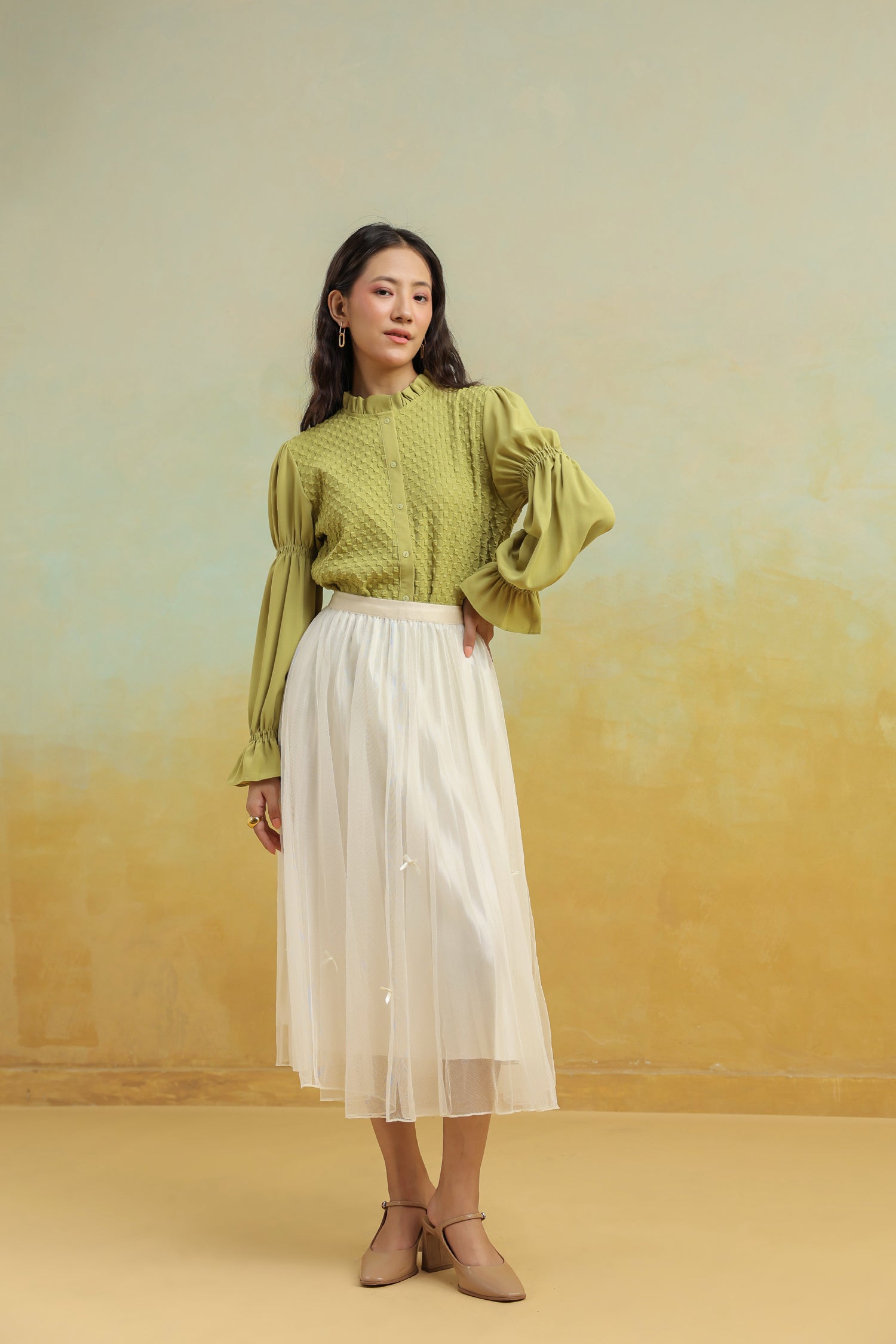 Cream Pleated Net Skirt with Bows