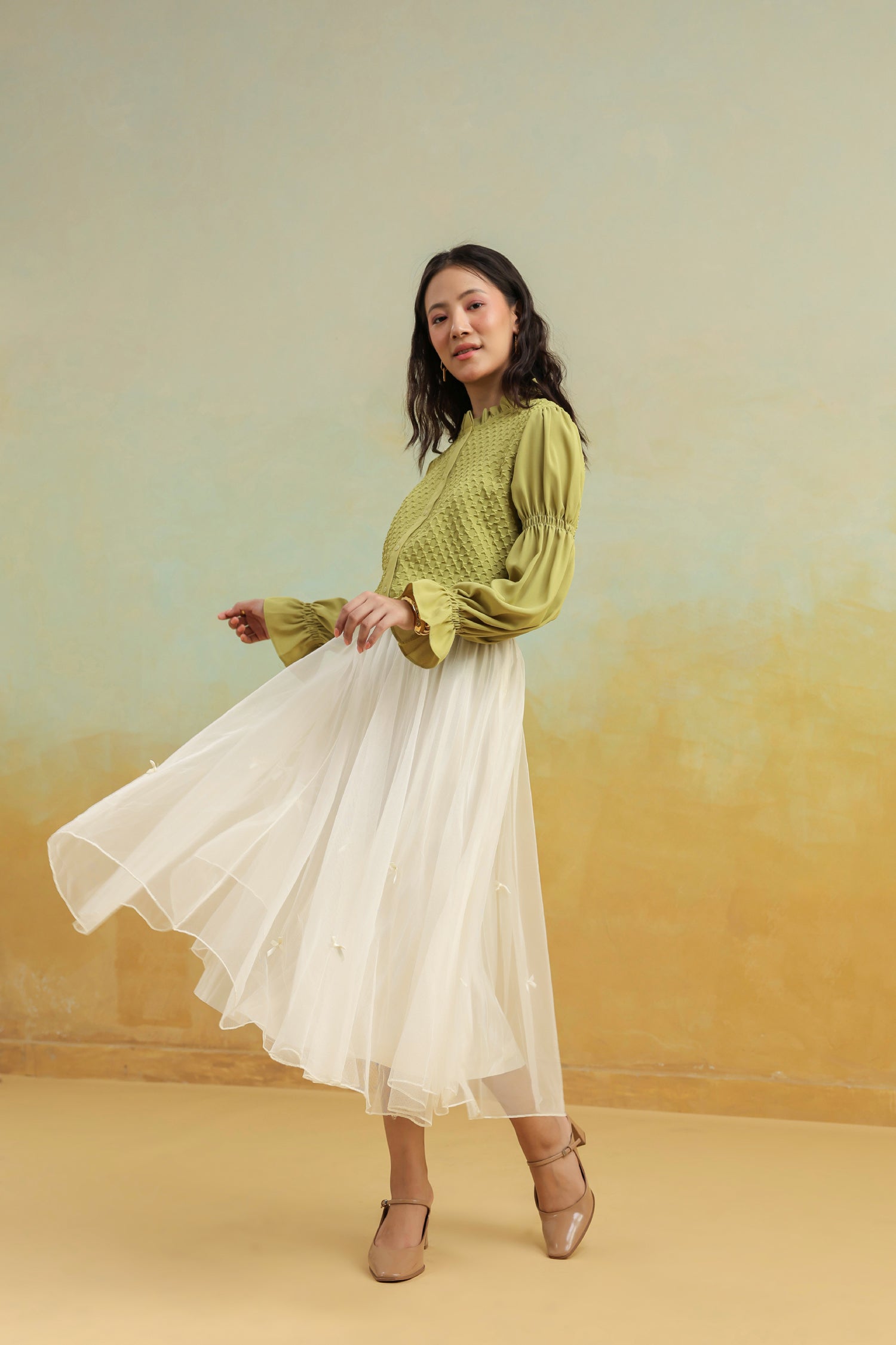 Cream Pleated Net Skirt with Bows