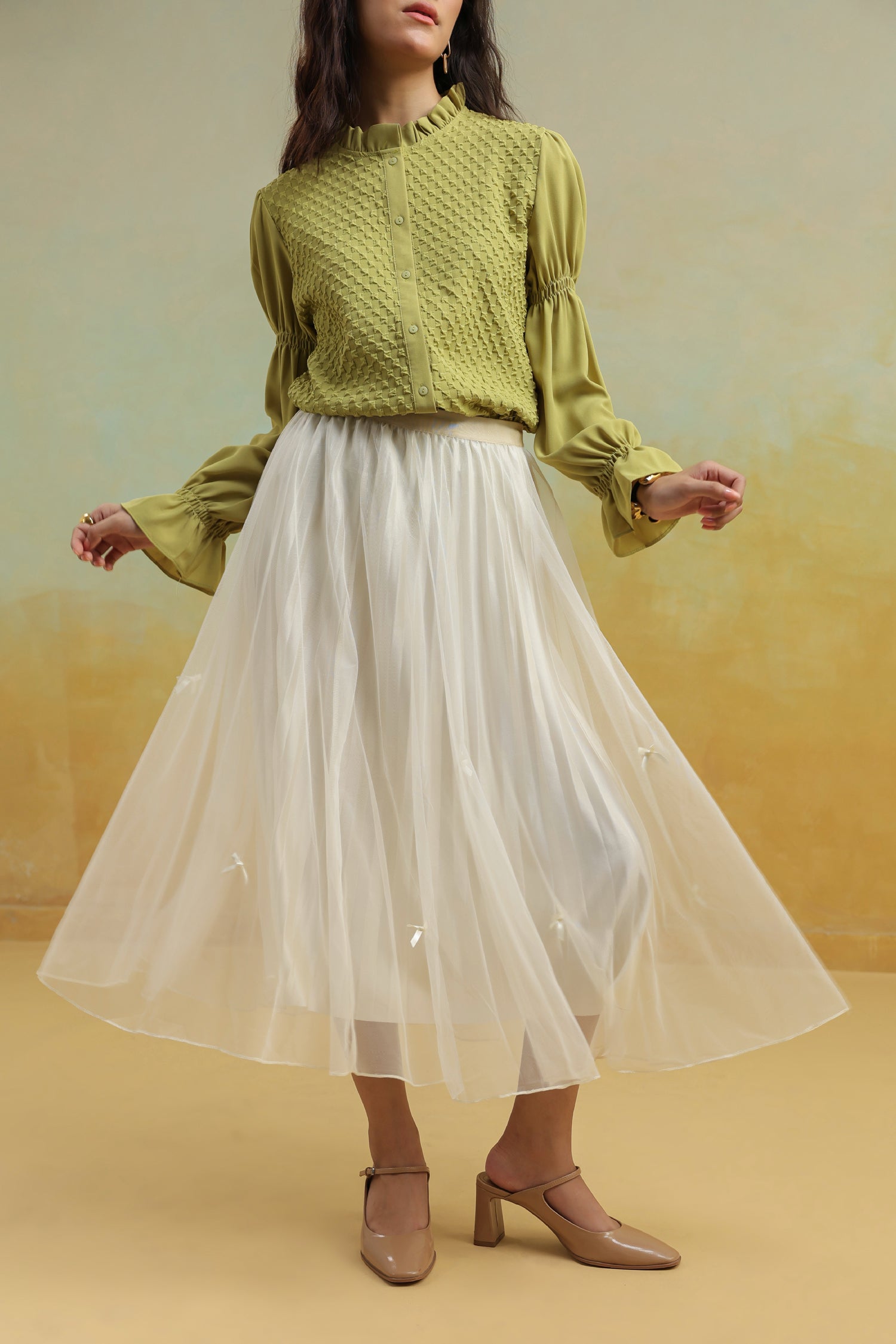 Cream Pleated Net Skirt with Bows