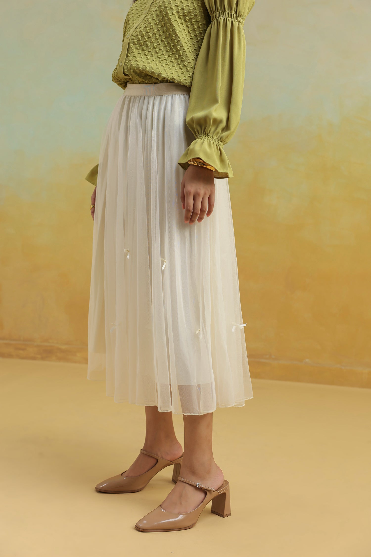 Cream Pleated Net Skirt with Bows