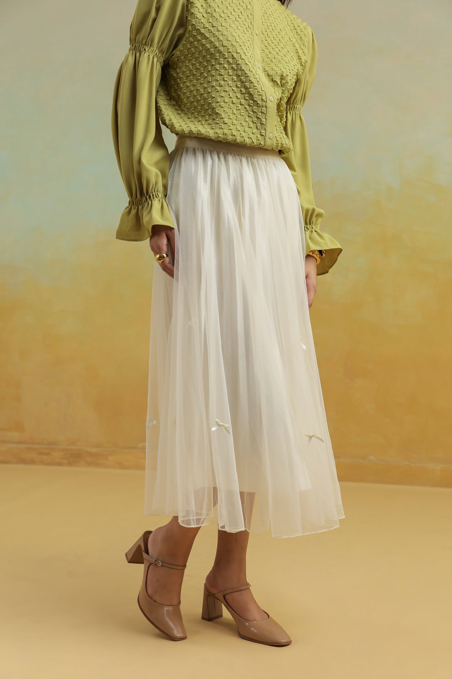 Cream Pleated Net Skirt with Bows