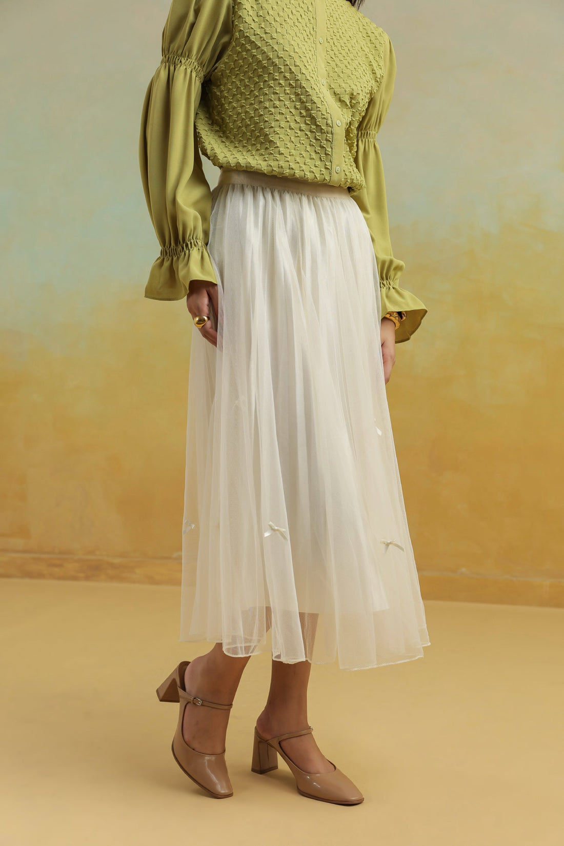 Cream Pleated Net Skirt with Bows