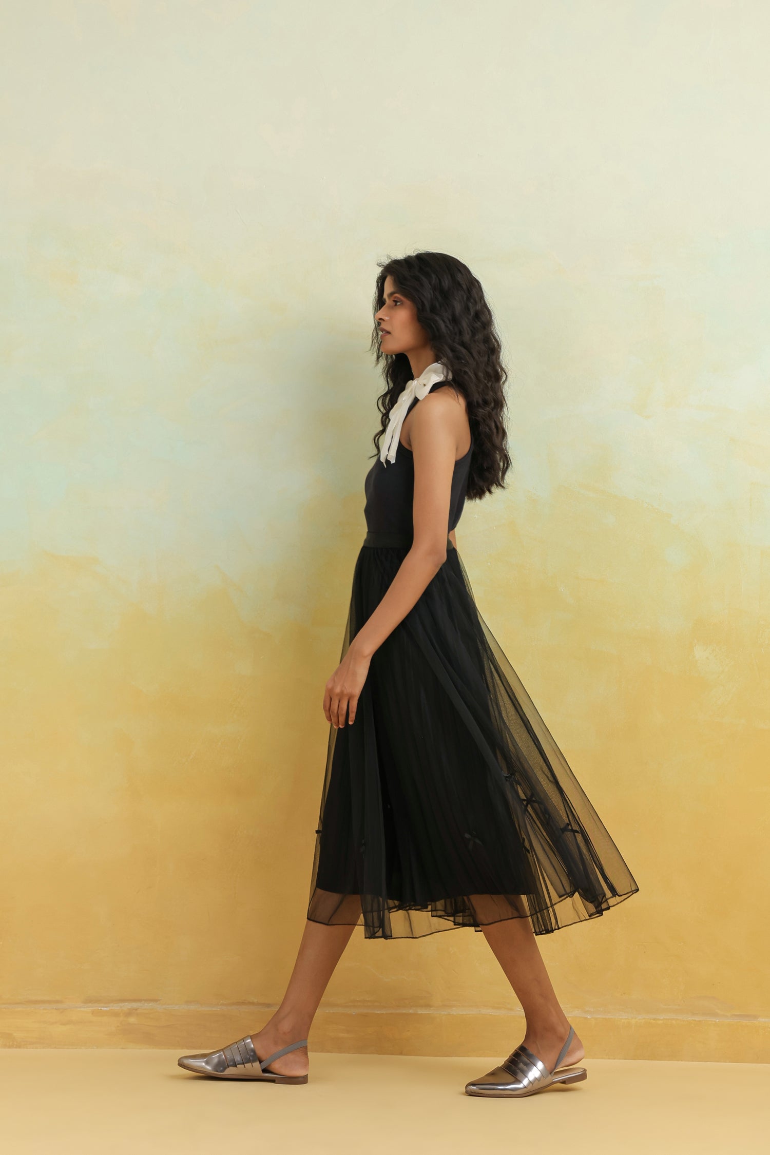 Black Pleated Net Skirt with Bows