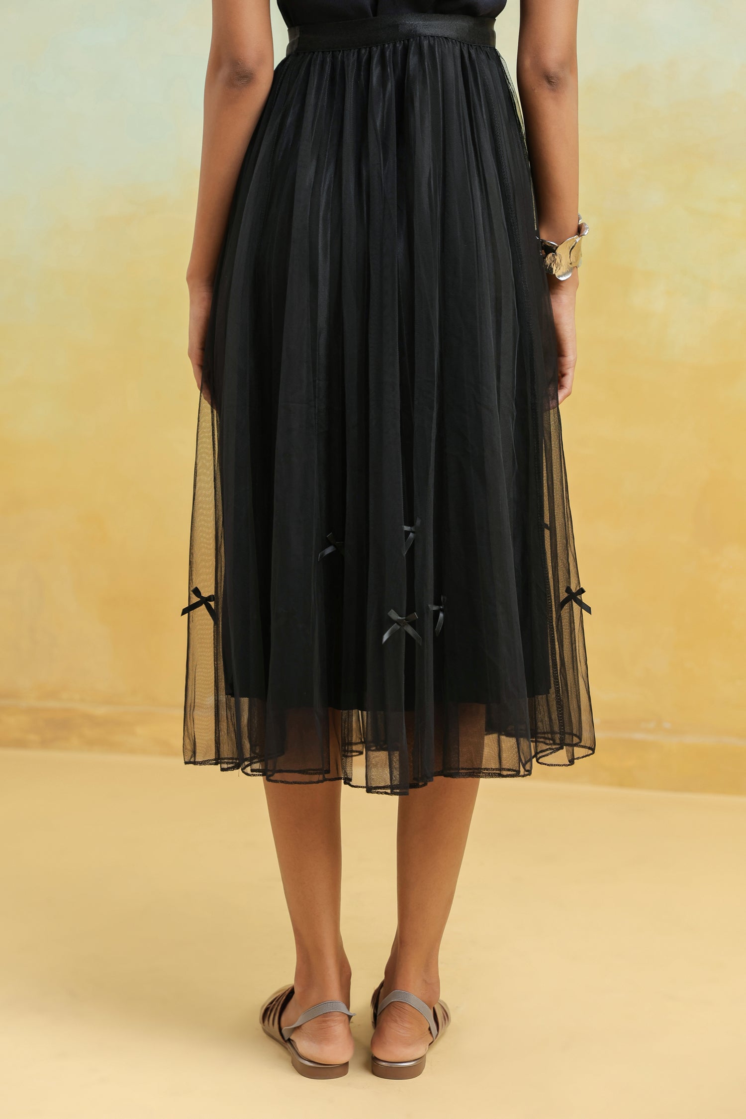Black Pleated Net Skirt with Bows