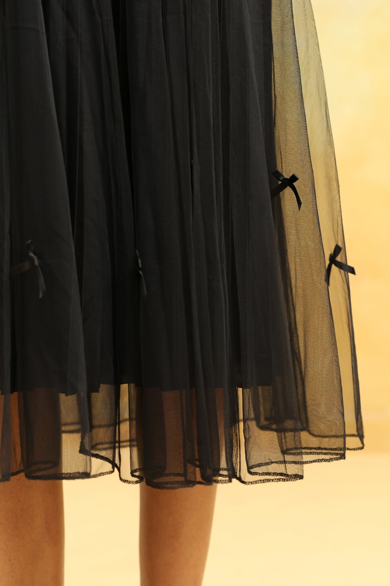 Black Pleated Net Skirt with Bows