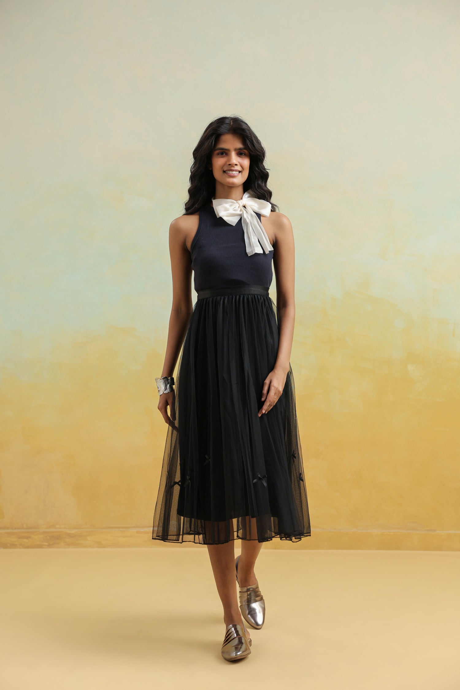 Black Pleated Net Skirt with Bows