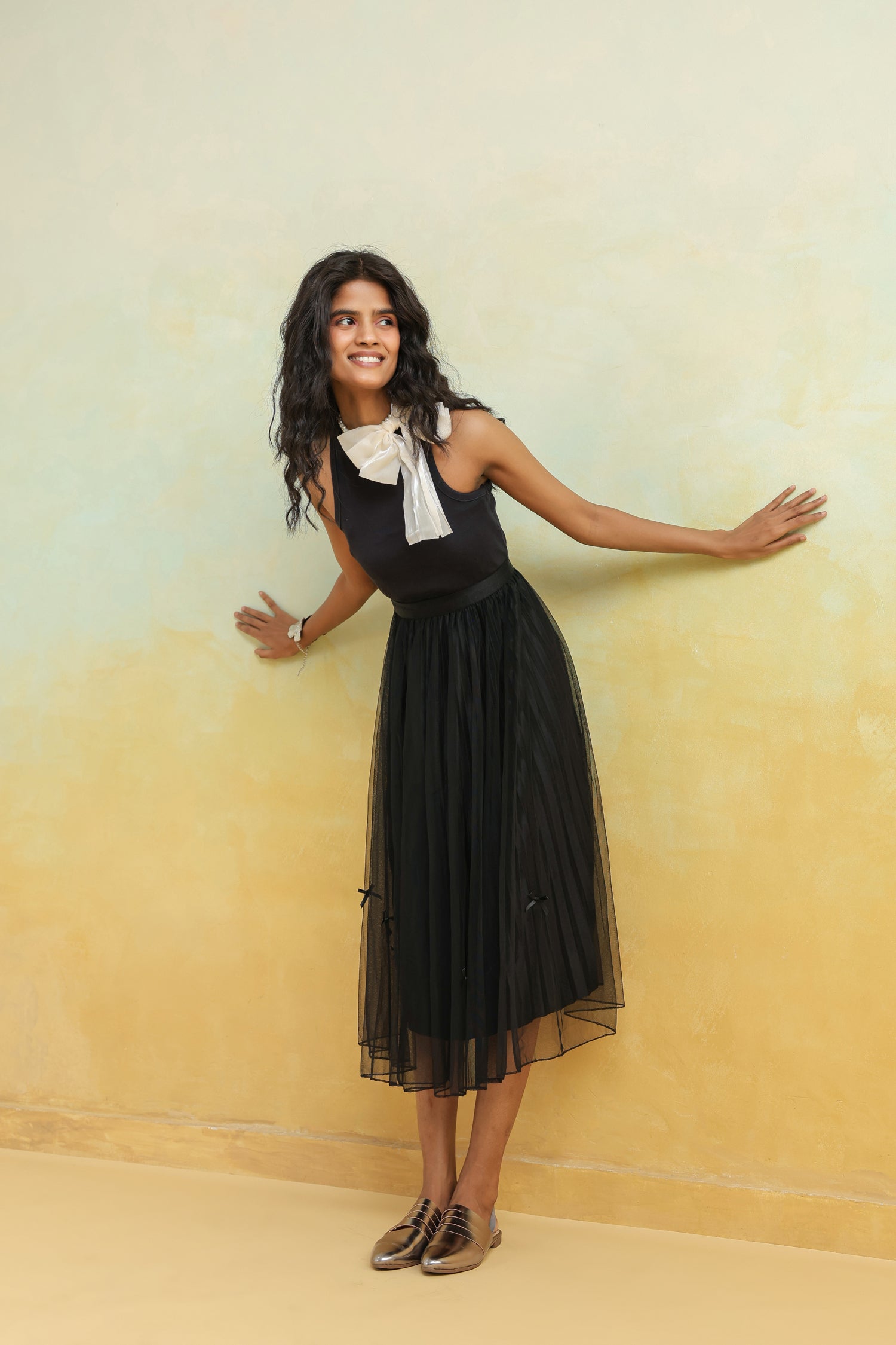 Black Pleated Net Skirt with Bows