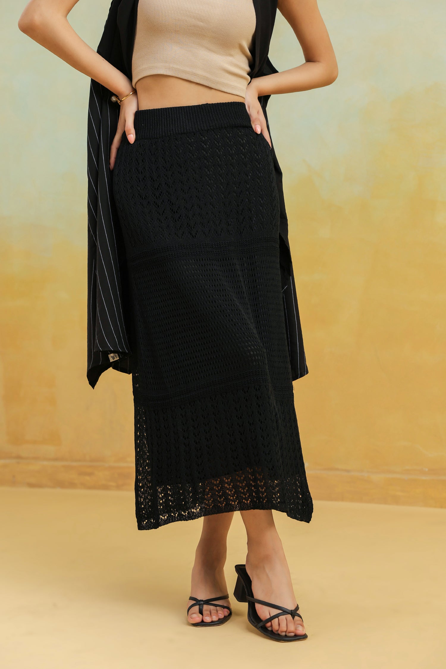 Black Crochet Skirt in Textured Finish