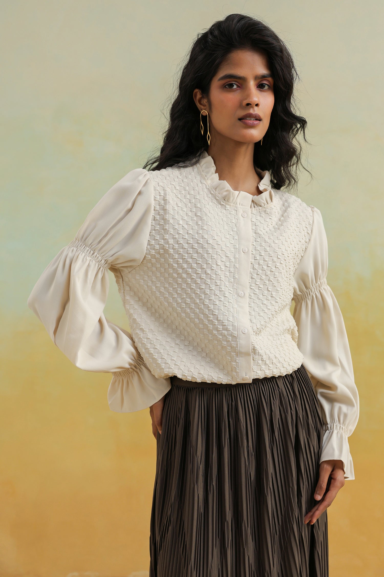 Brown Pleated Skirt in Crepe Silk