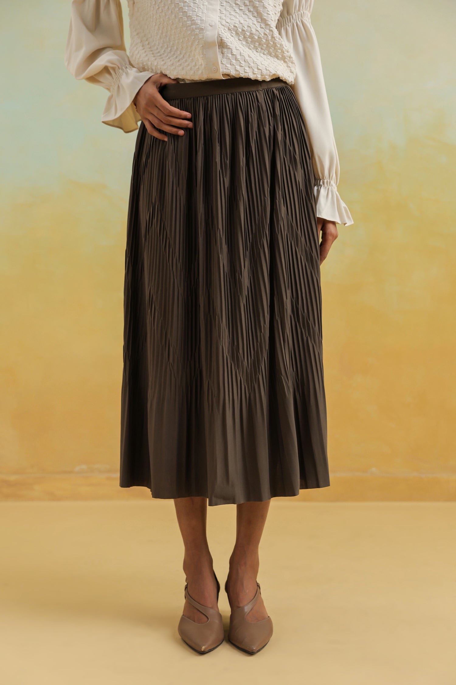 Brown Pleated Skirt in Crepe Silk